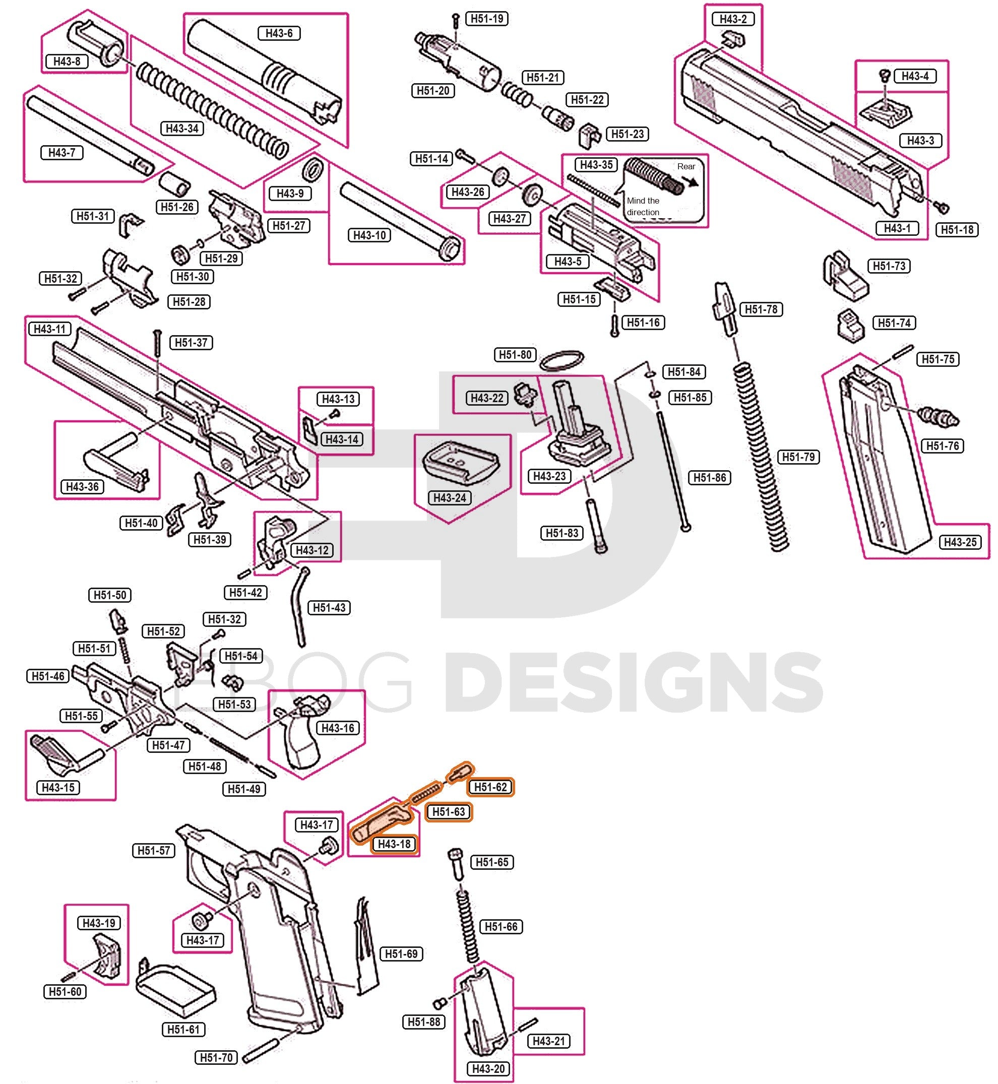 Full Tokyo Marui Hi-Capa 4.3 parts diagram showing where the 4.3 magazine release (parts H43-18, H51-62 and H51-63) fits