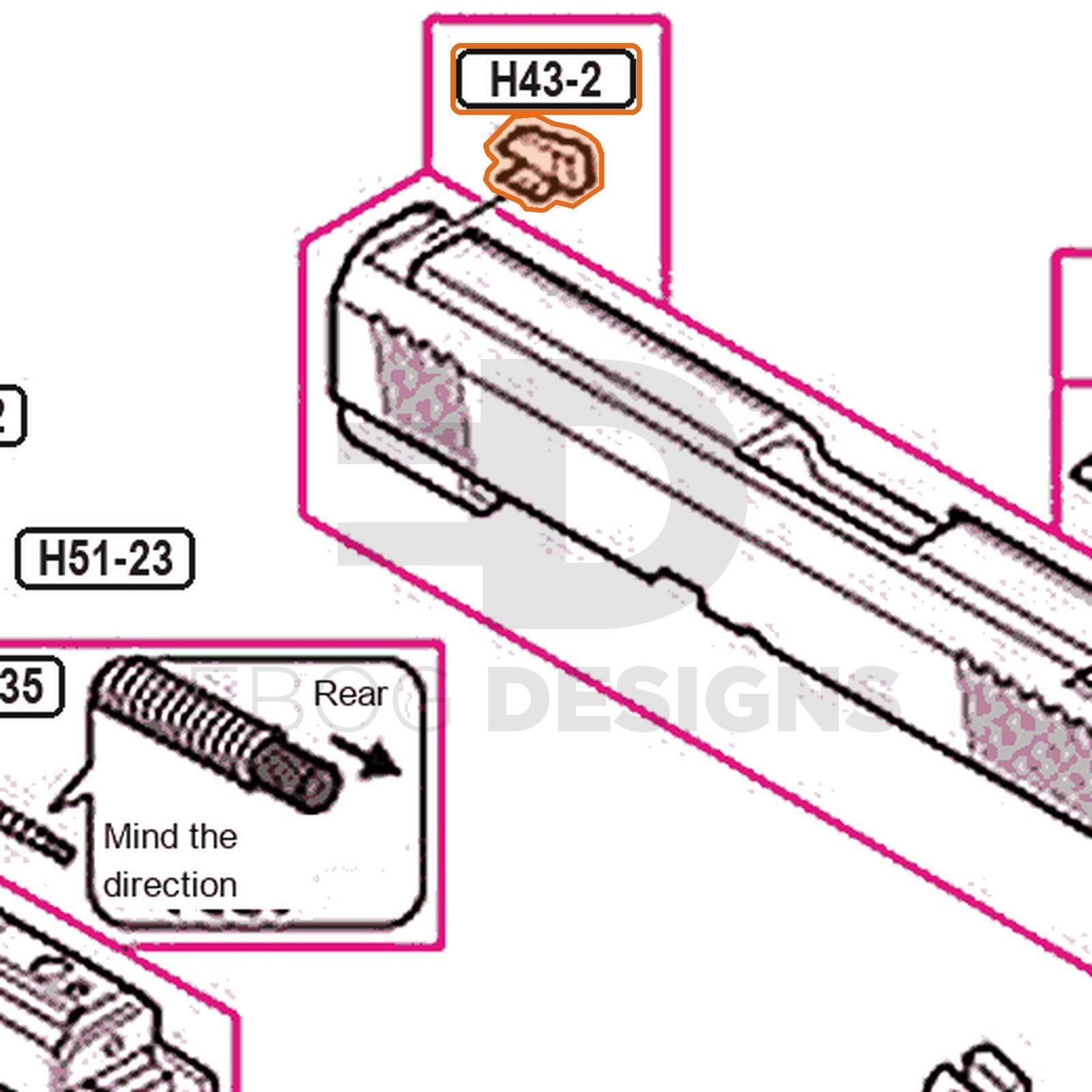 Tokyo Marui Hi-Capa 4.3 parts diagram with the front sight, part H43-2, outlined