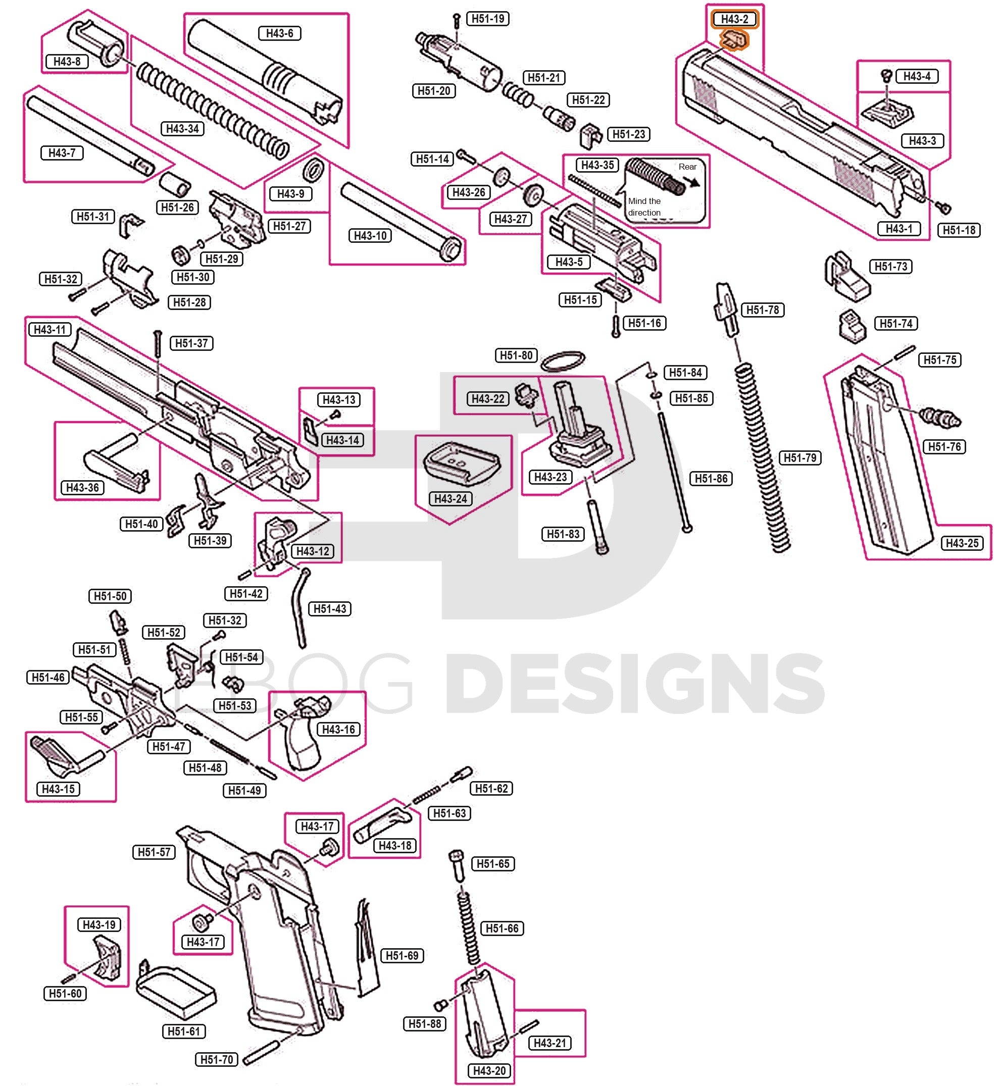 Full Tokyo Marui Hi-Capa 4.3 parts diagram showing where the front sight (part H43-2) fits