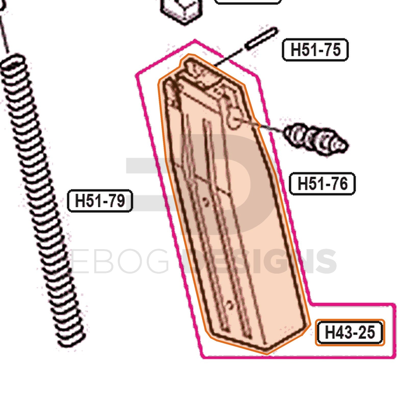 Tokyo Marui Hi-Capa 4.3 parts diagram with the magazine shell, part H43-25, outlined