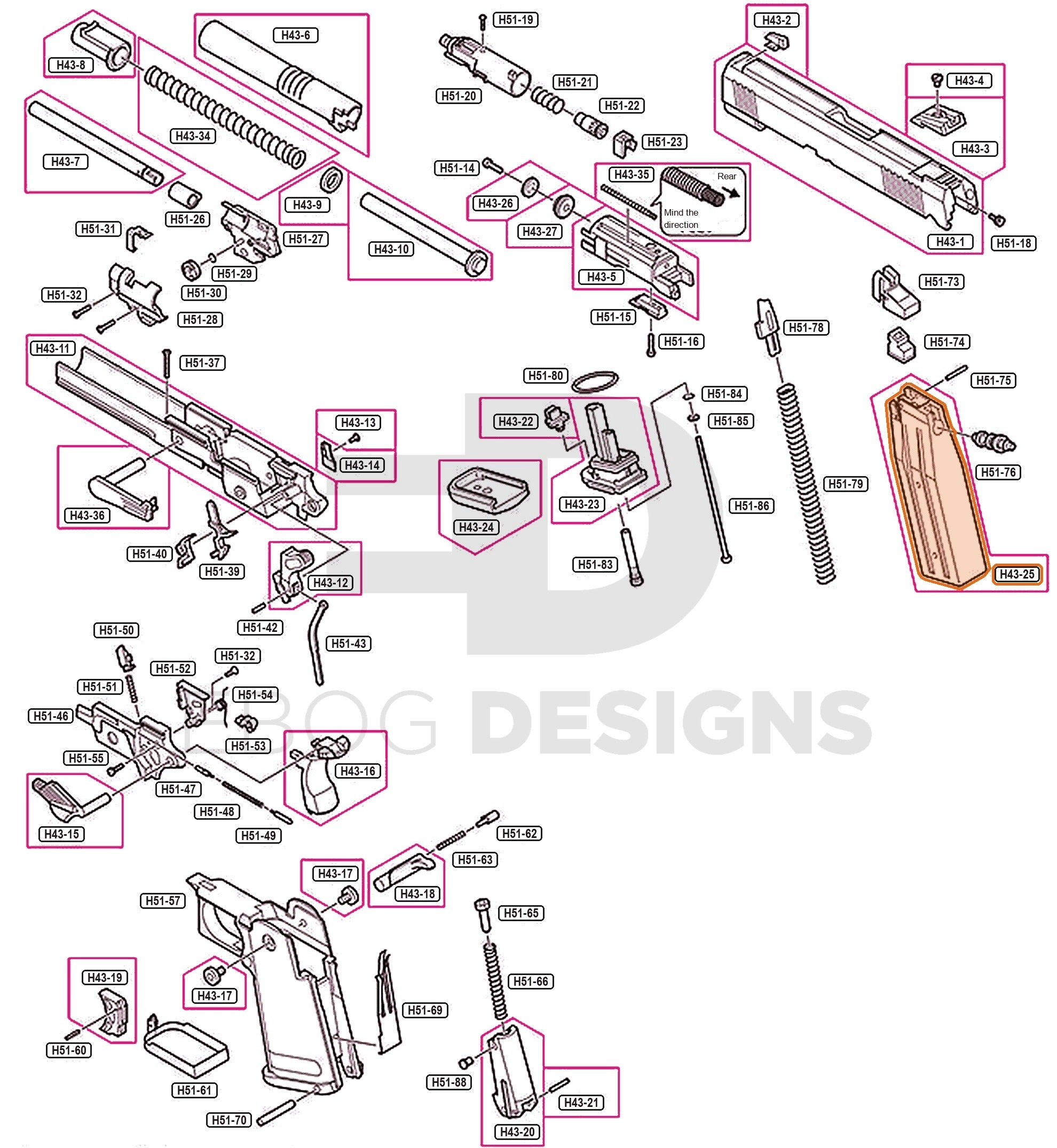 Full Tokyo Marui Hi-Capa 4.3 parts diagram showing where the magazine shell (part H43-25) fits