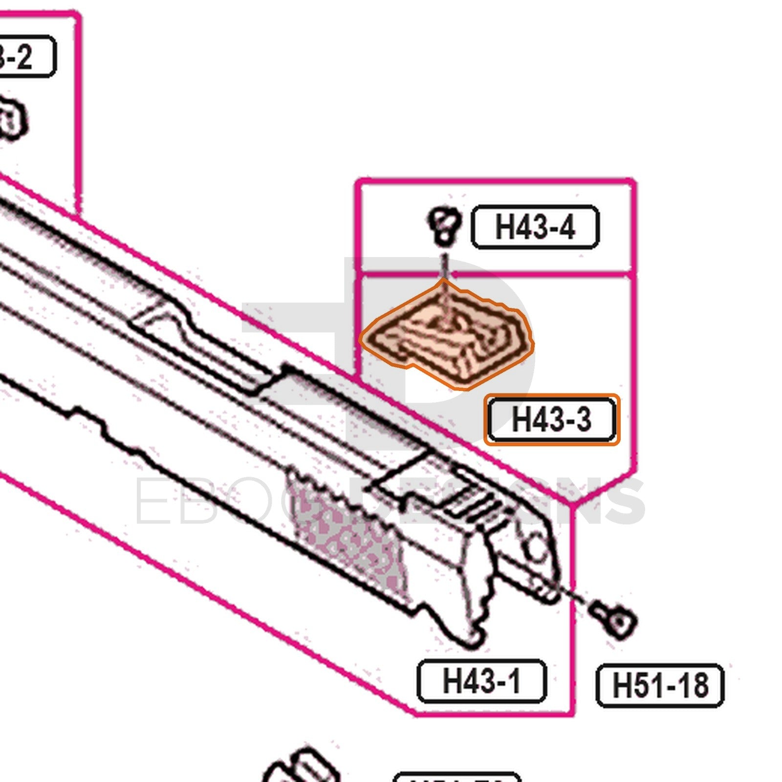 Tokyo Marui Hi-Capa 4.3 parts diagram with the rear sight, part H43-3, outlined