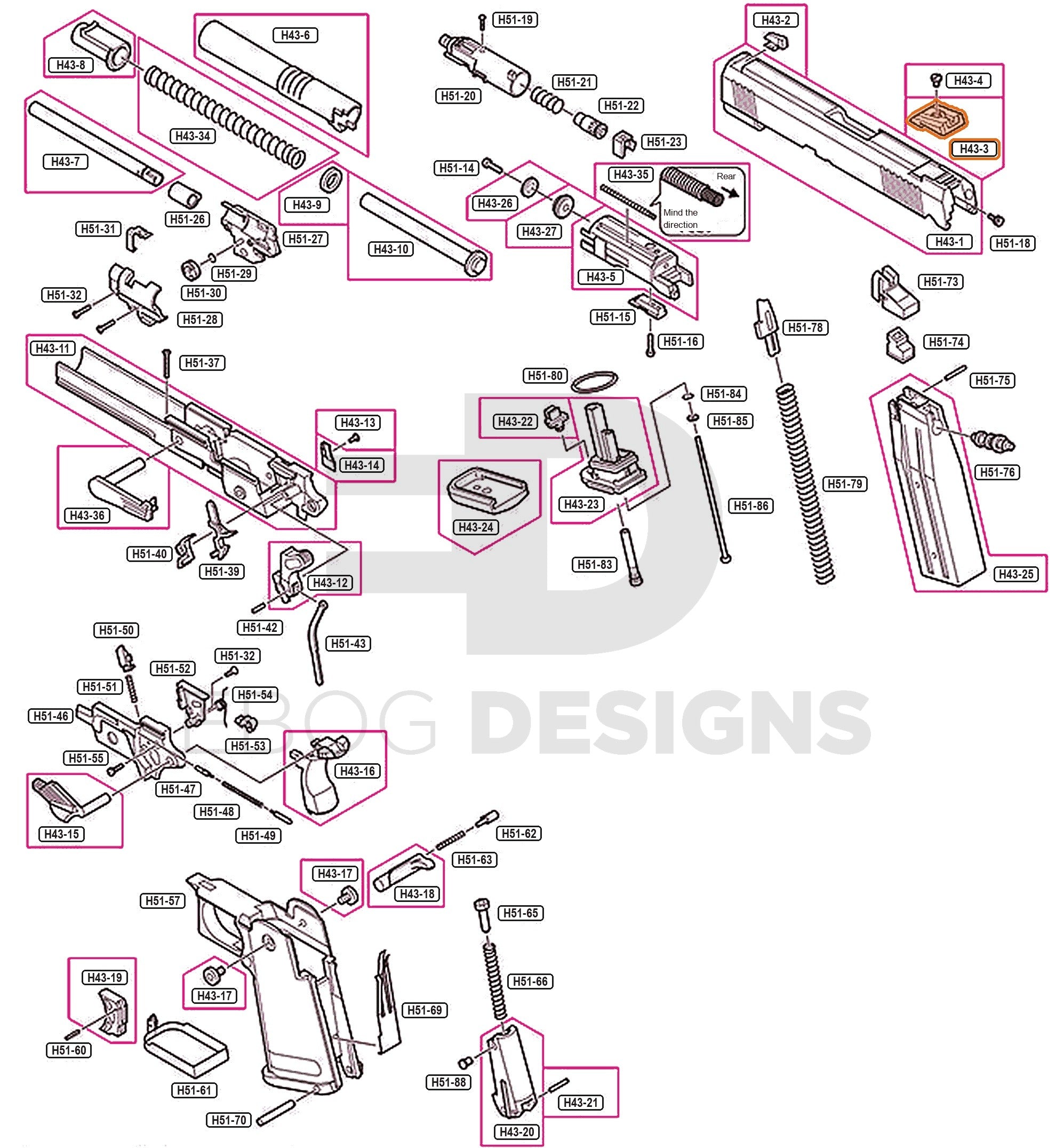 Full Tokyo Marui Hi-Capa 4.3 parts diagram showing where the rear sight (part H43-3) fits