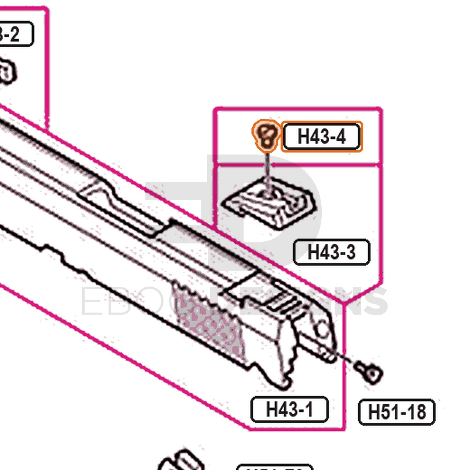 Tokyo Marui Hi-Capa 4.3 parts diagram with the rear sight screw, part H43-4, outlined