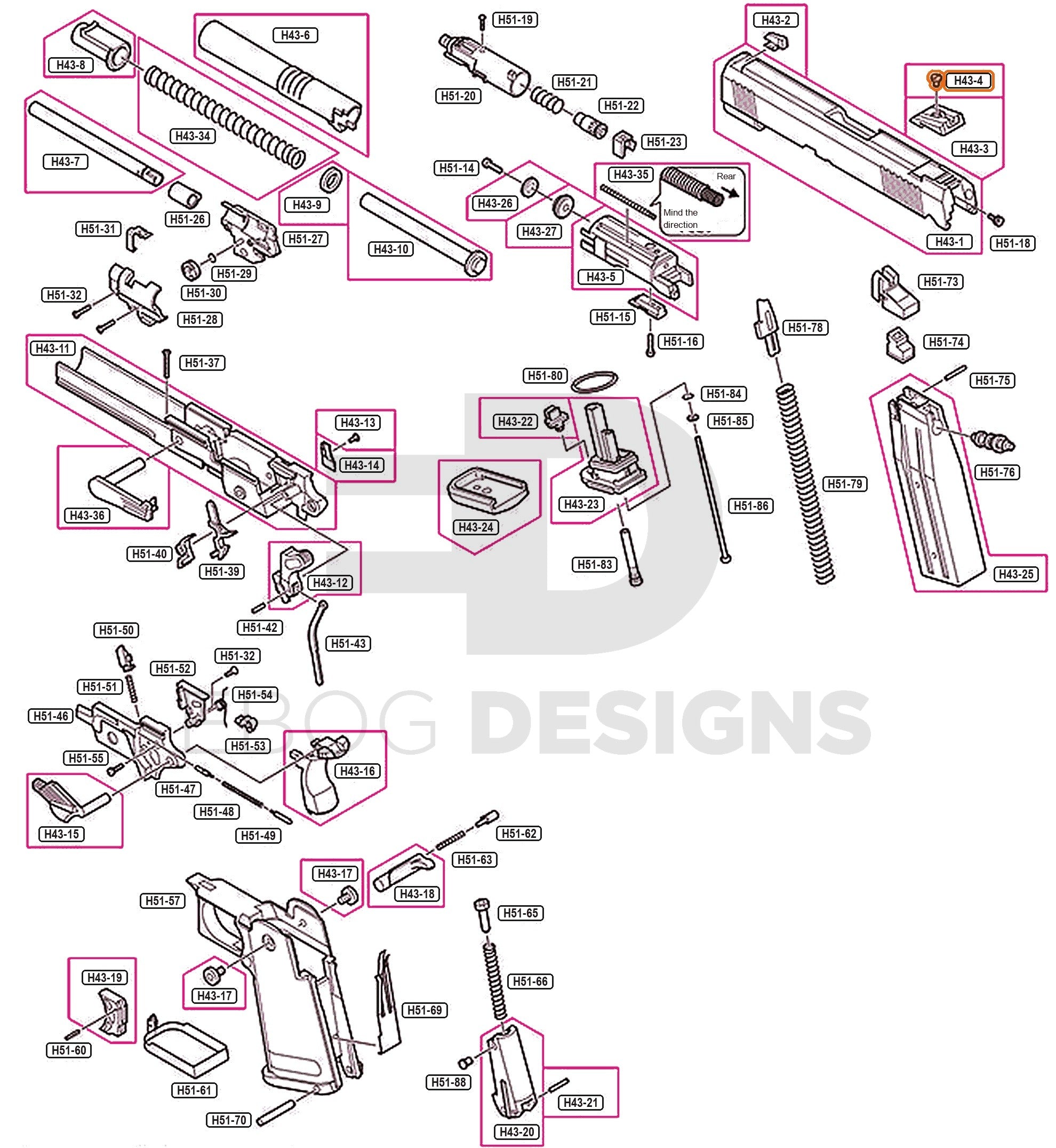 Full Tokyo Marui Hi-Capa 4.3 parts diagram showing where the rear sight screw (part H43-4) fits