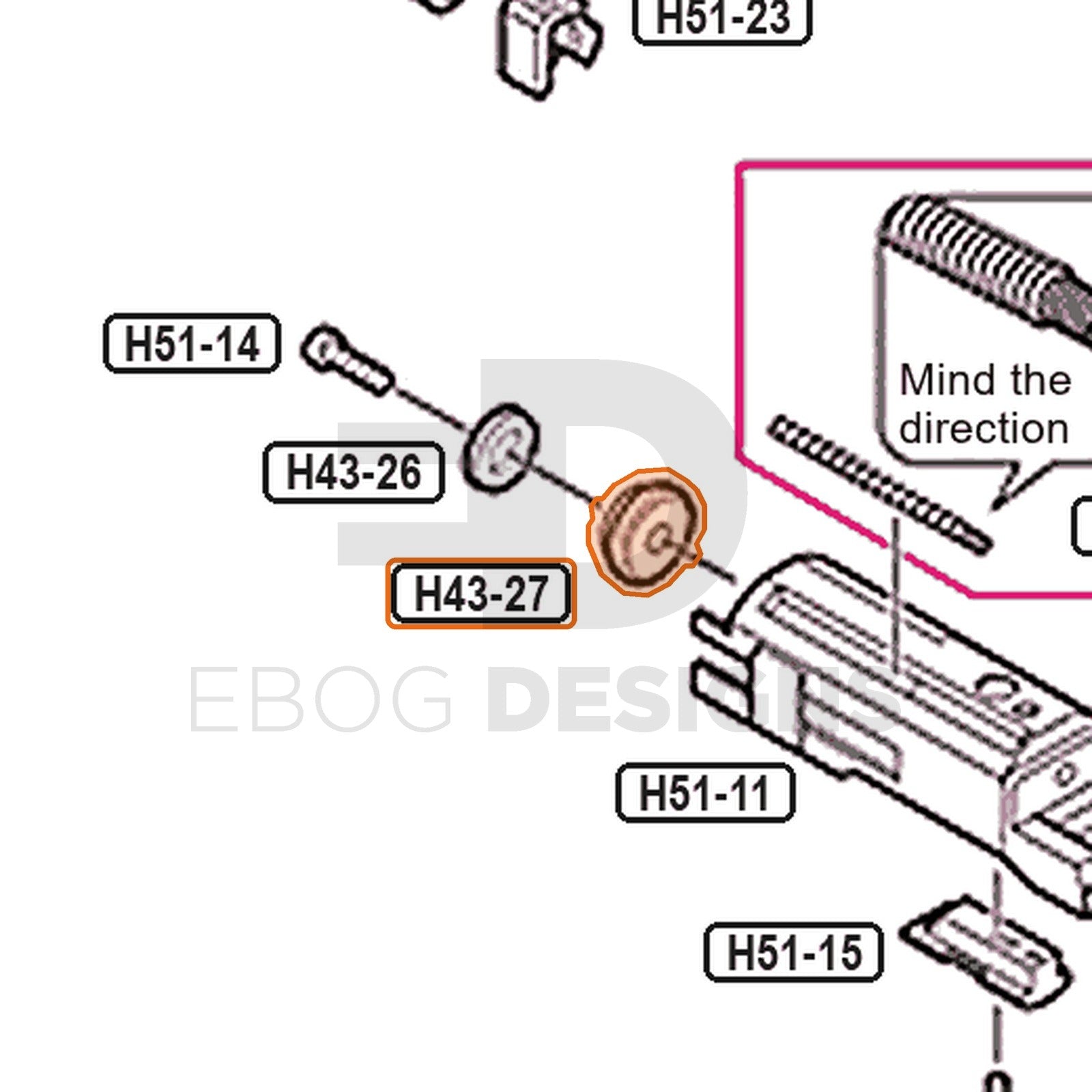 Tokyo Marui Hi-Capa 5.1 parts diagram with the piston head base, part H43-27, outlined