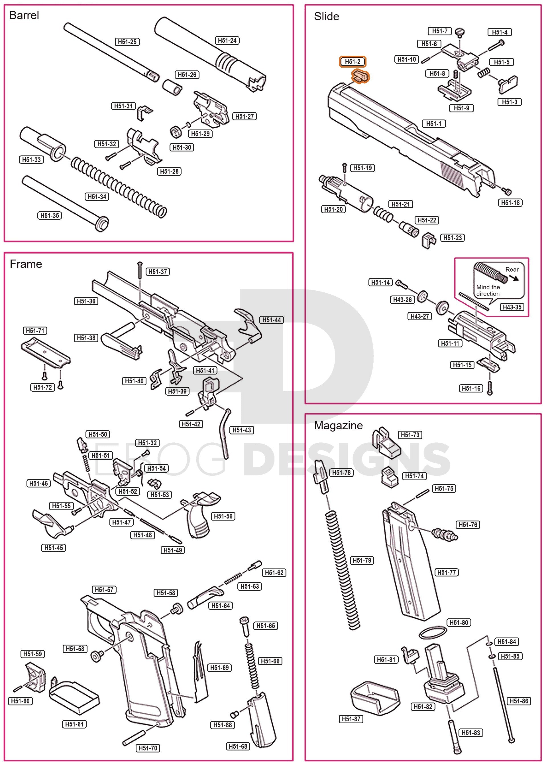 Full Tokyo Marui Hi-Capa 5.1 parts diagram showing where the front sight, part H51-2, fits on the slide