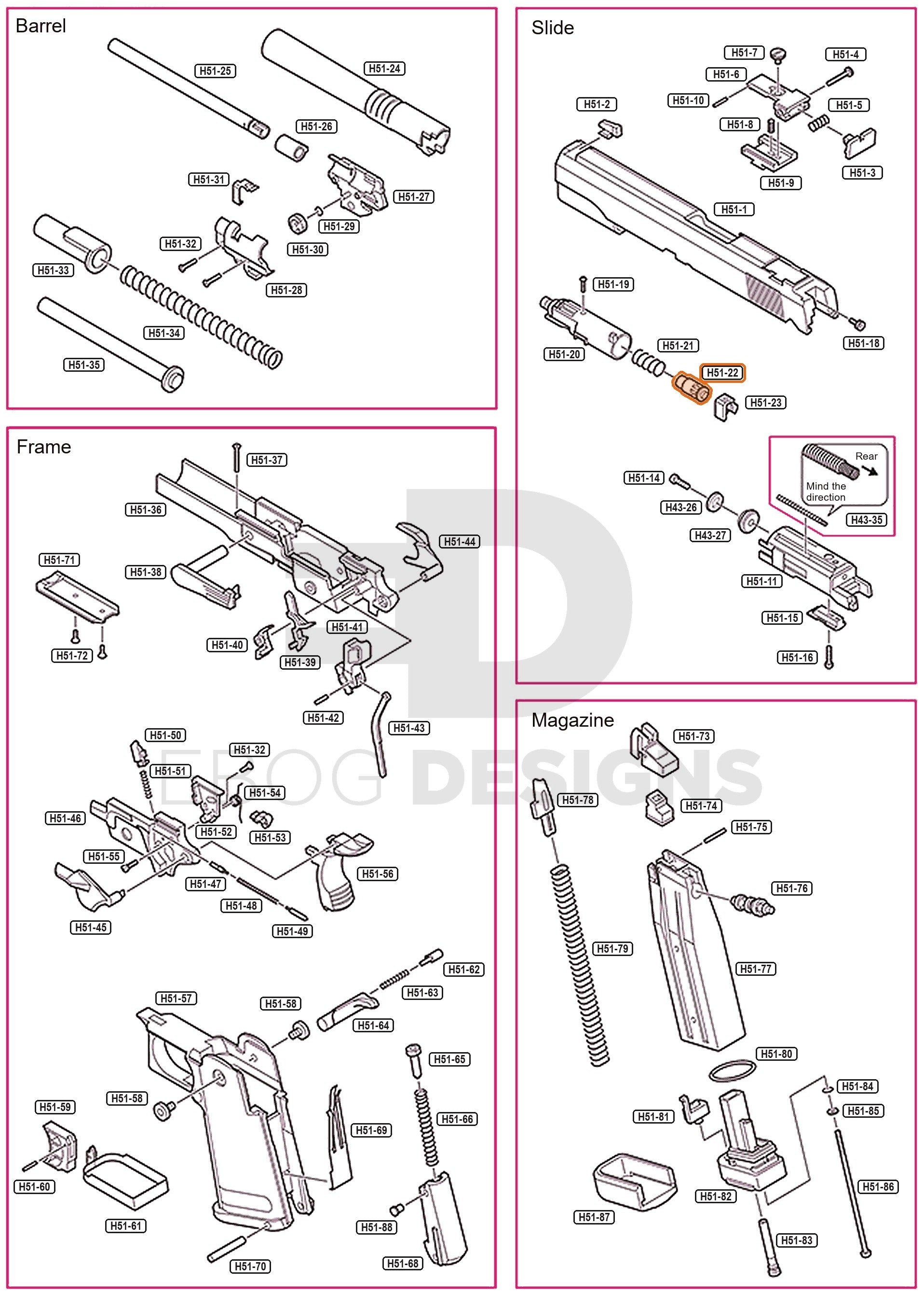 Full Tokyo Marui Hi-Capa 5.1 parts diagram showing where the nozzle valve (part H51-22) fits