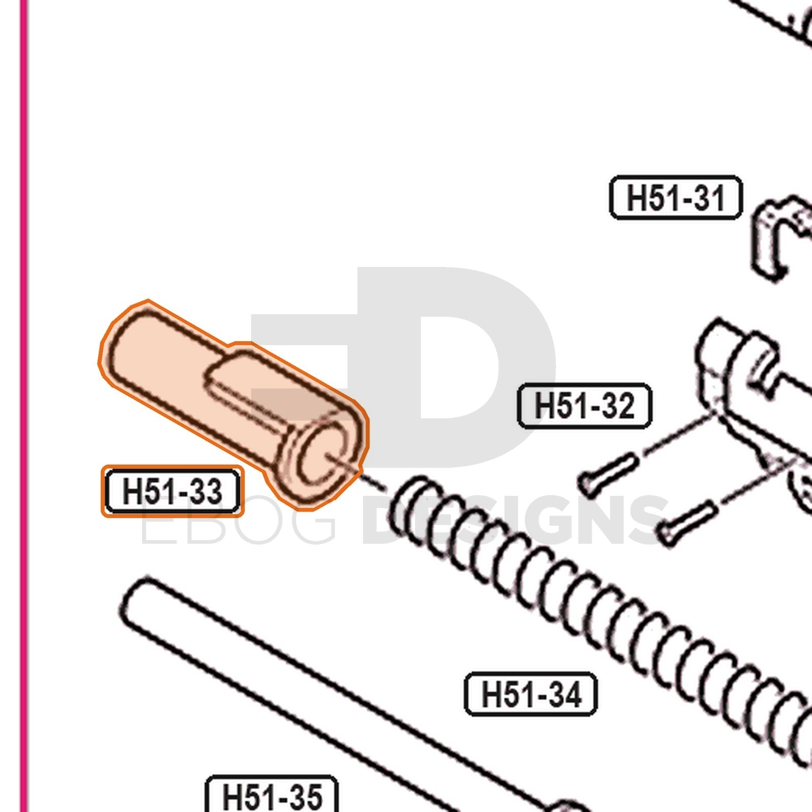 Tokyo Marui Hi-Capa 5.1 parts diagram with the recoil spring guide plug, part H51-33, outlined