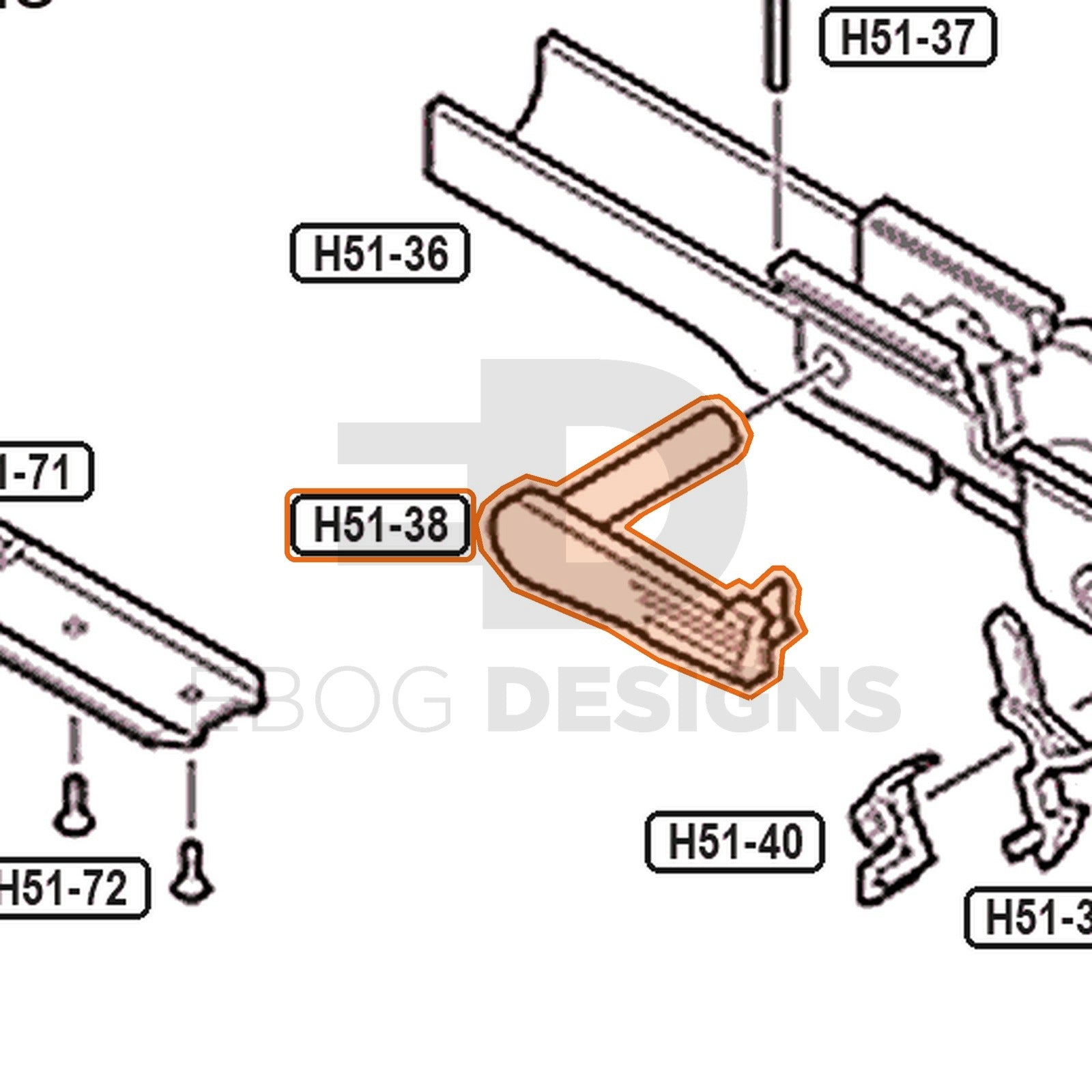Tokyo Marui Hi-Capa 5.1 parts diagram with the slide stop lever, part H51-38, outlined