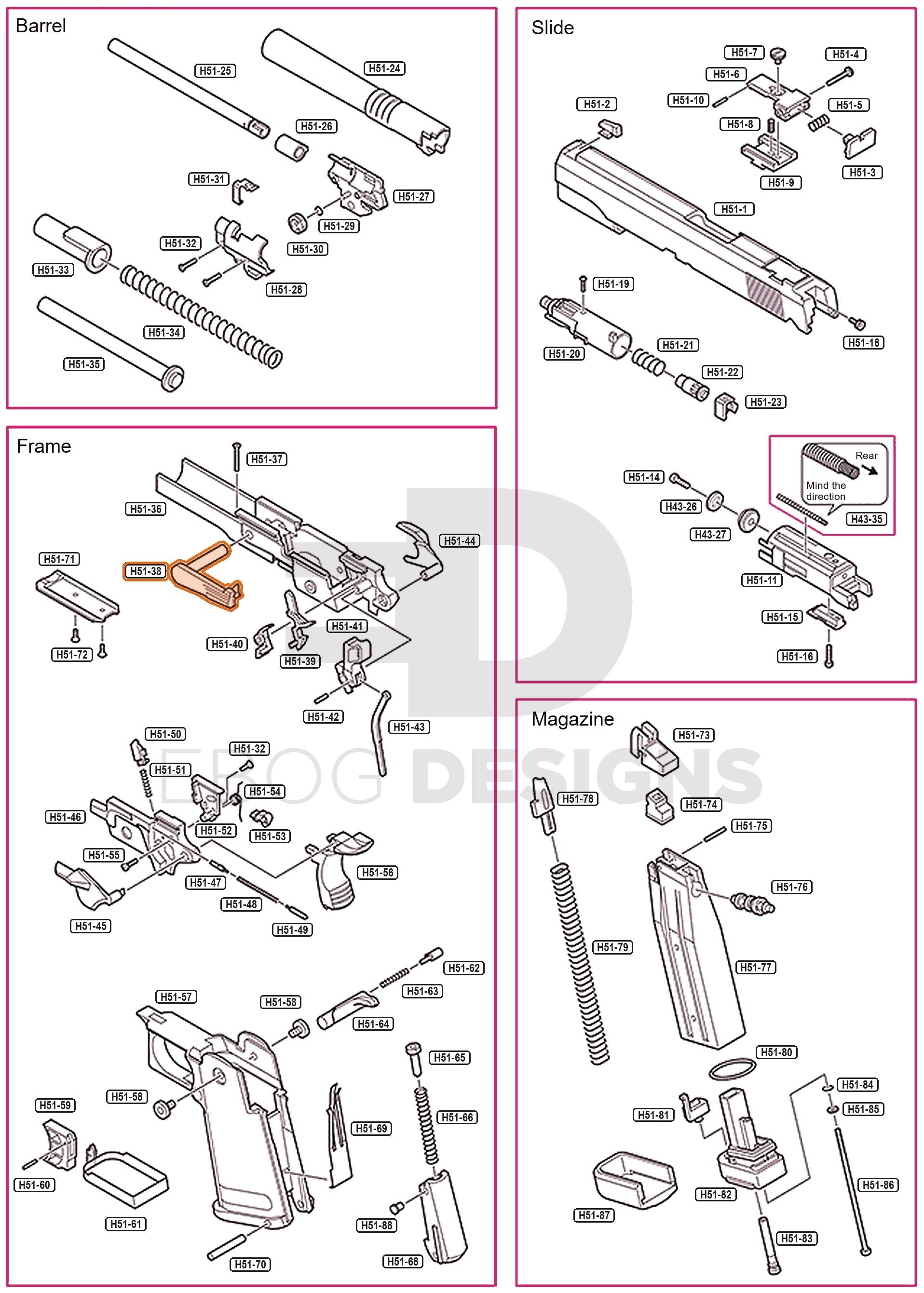 Full Tokyo Marui Hi-Capa 5.1 parts diagram showing where the slide stop lever (part H51-38) fits