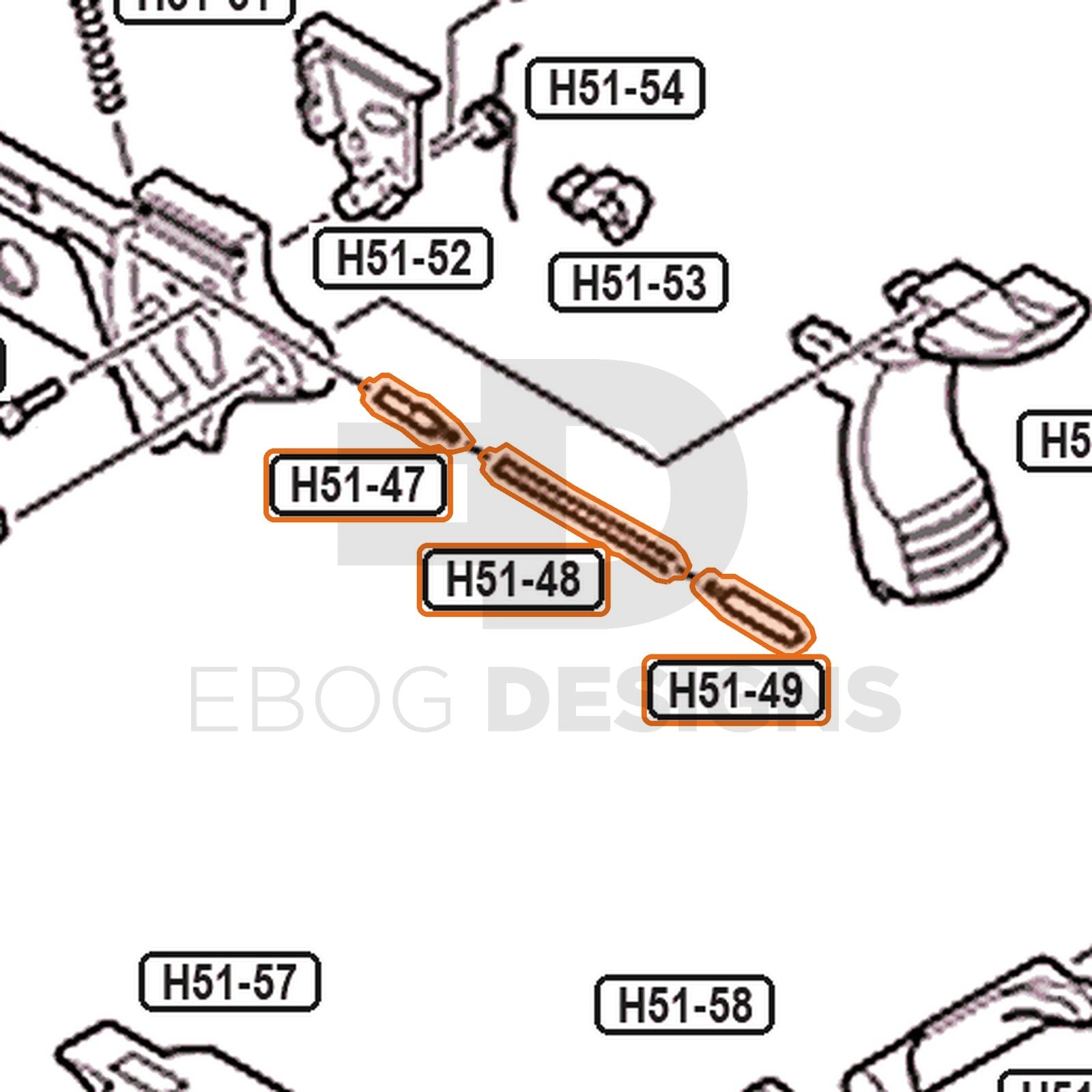 Tokyo Marui Hi-Capa 5.1 parts diagram with the slide stop and safety plunger set, parts H51-47, H51-48 and H51-49, outlined