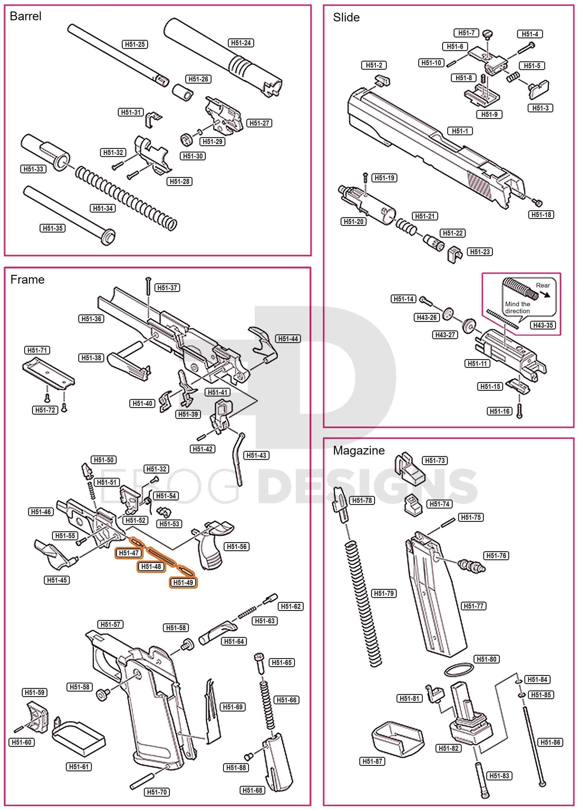 Full Tokyo Marui Hi-Capa 5.1 parts diagram showing where the slide stop and safety plunger set (parts H51-47, H51-48 and H51-49) fits