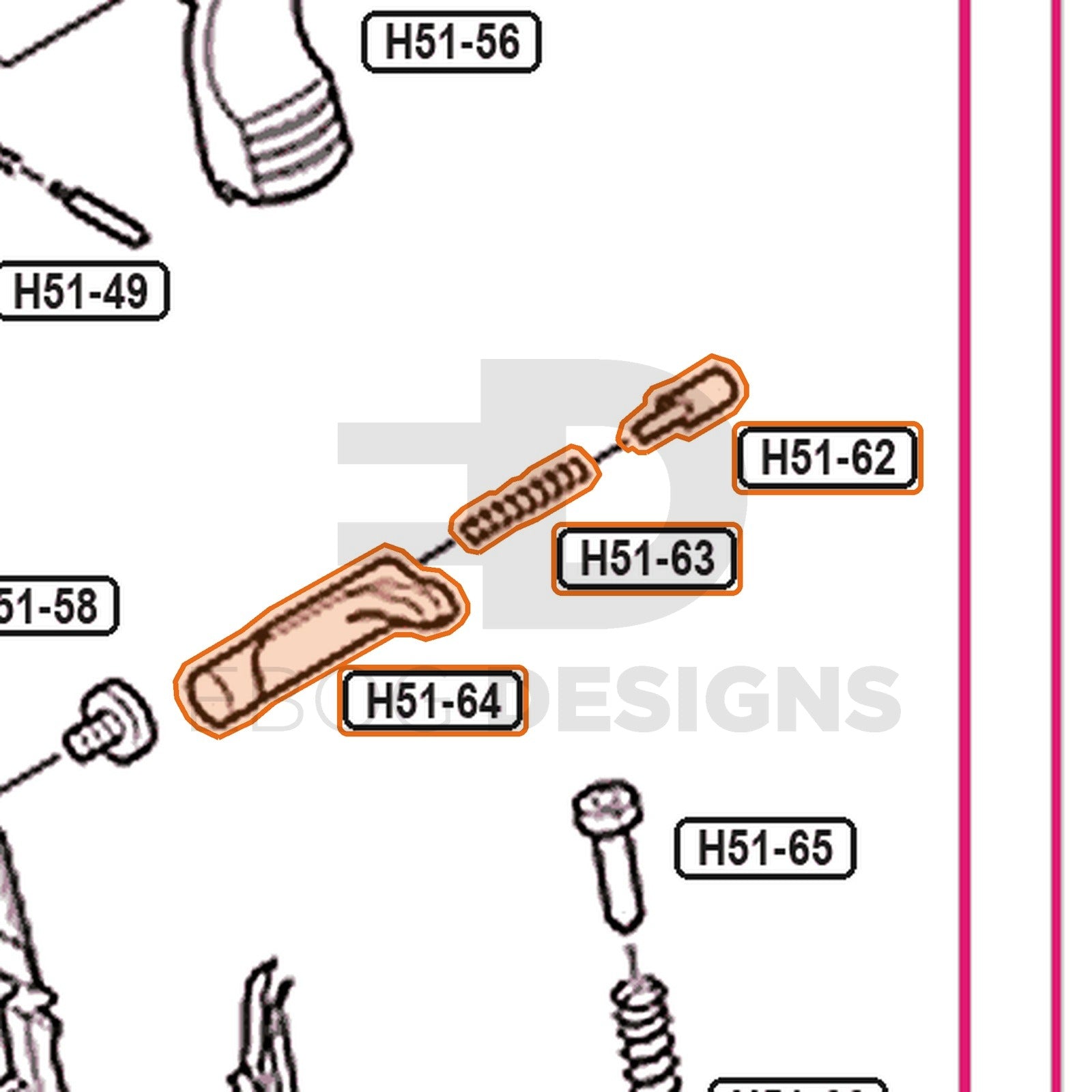 Tokyo Marui Hi-Capa 5.1 parts diagram with the 5.1 magazine release, parts H51-62, H51-63 and H51-64, outlined