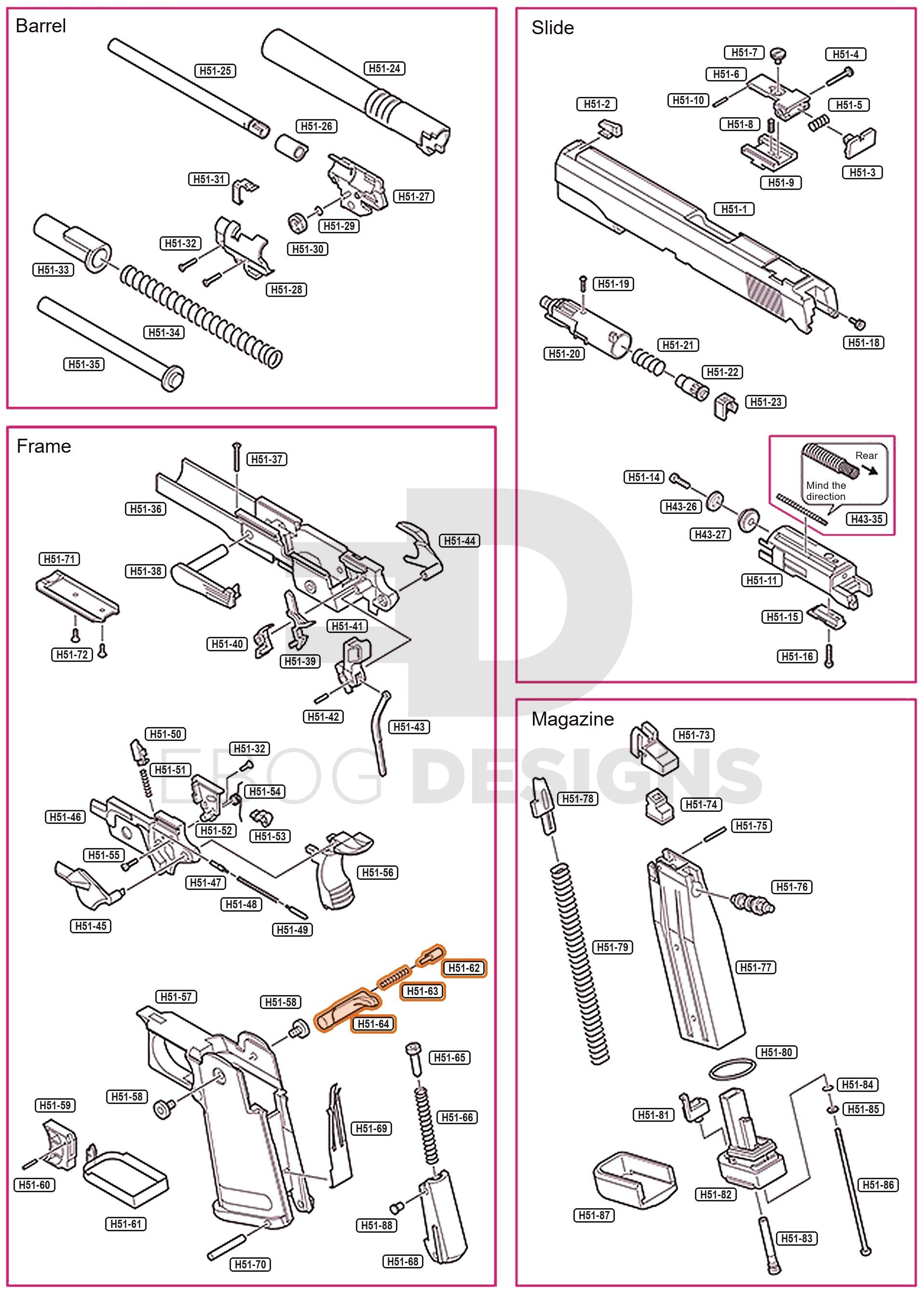 Full Tokyo Marui Hi-Capa 5.1 parts diagram showing where the 5.1 magazine release (parts H51-62, H51-63 and H51-64) fits