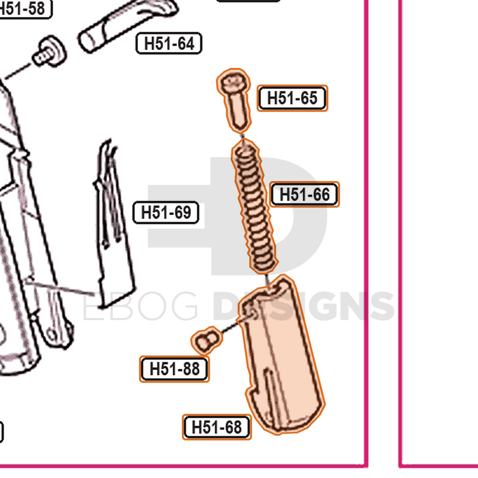 Tokyo Marui Hi-Capa 5.1 parts diagram with the hammer grip block set, parts H51-65, H51-66, H51-68 and H51-88, outlined