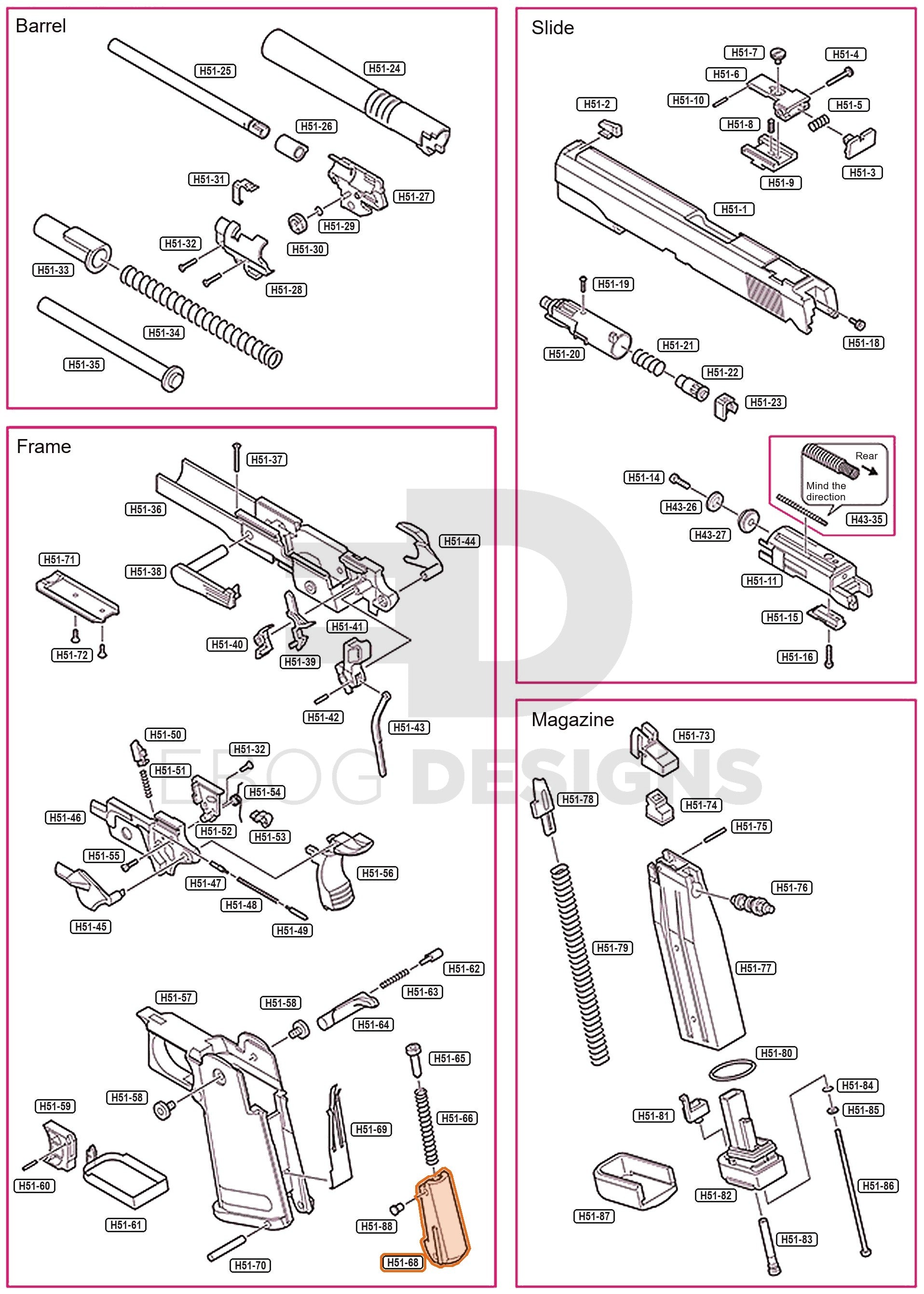 Full Tokyo Marui Hi-Capa 5.1 parts diagram showing where the hammer grip block (part H51-68) fits