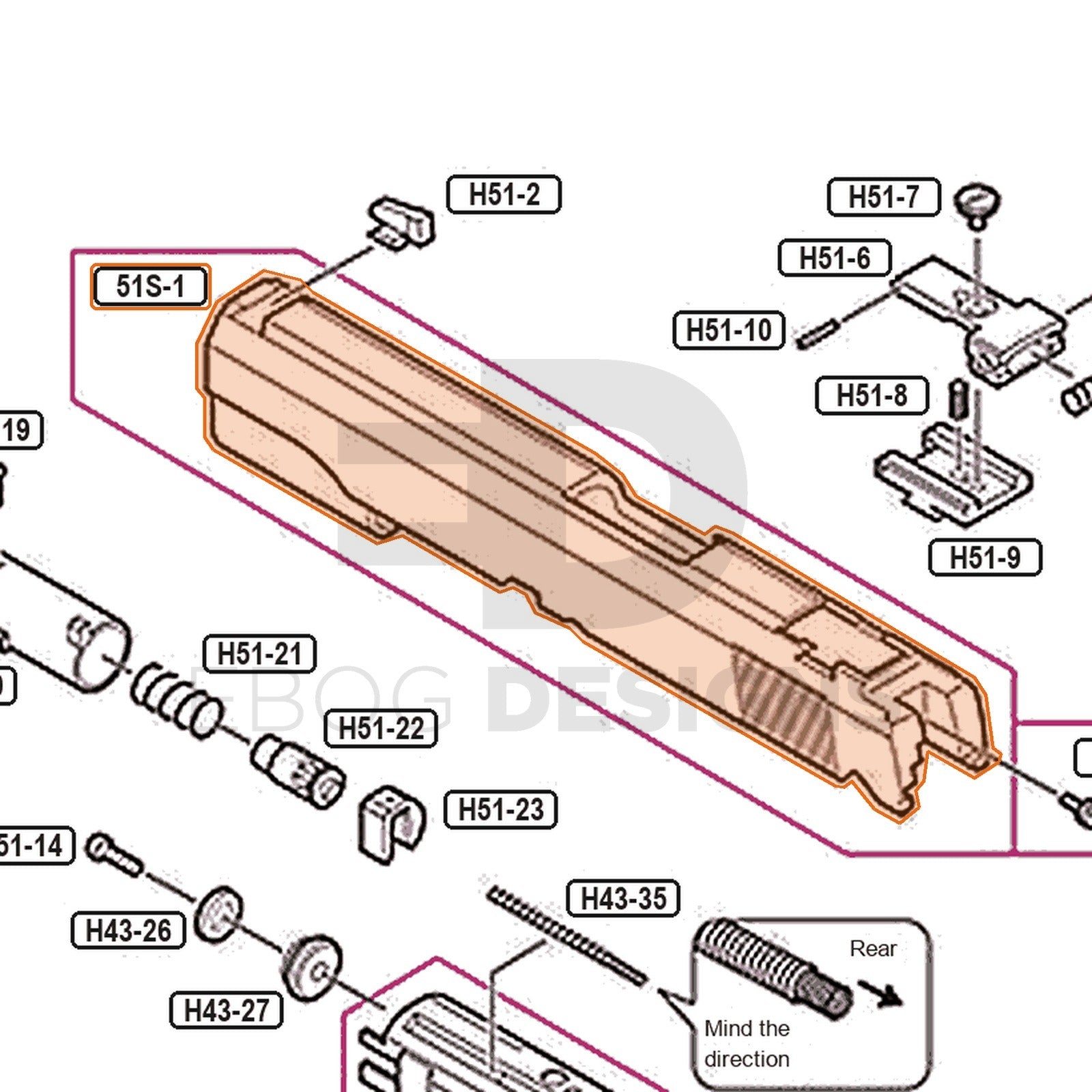 Tokyo Marui Hi-Capa 5.1 Stainless parts diagram with the slide, part 51S-1, outlined