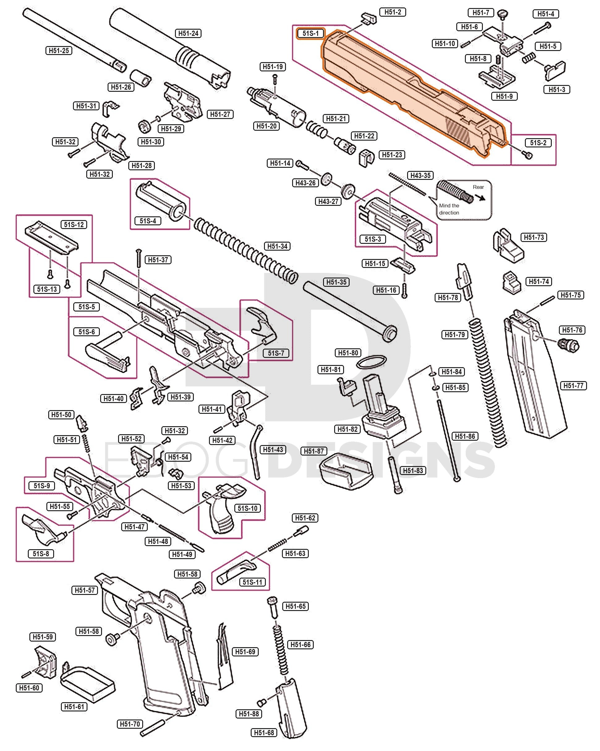 Full Tokyo Marui Hi-Capa 5.1 Stainless parts diagram showing where the slide (part 51S-1) fits