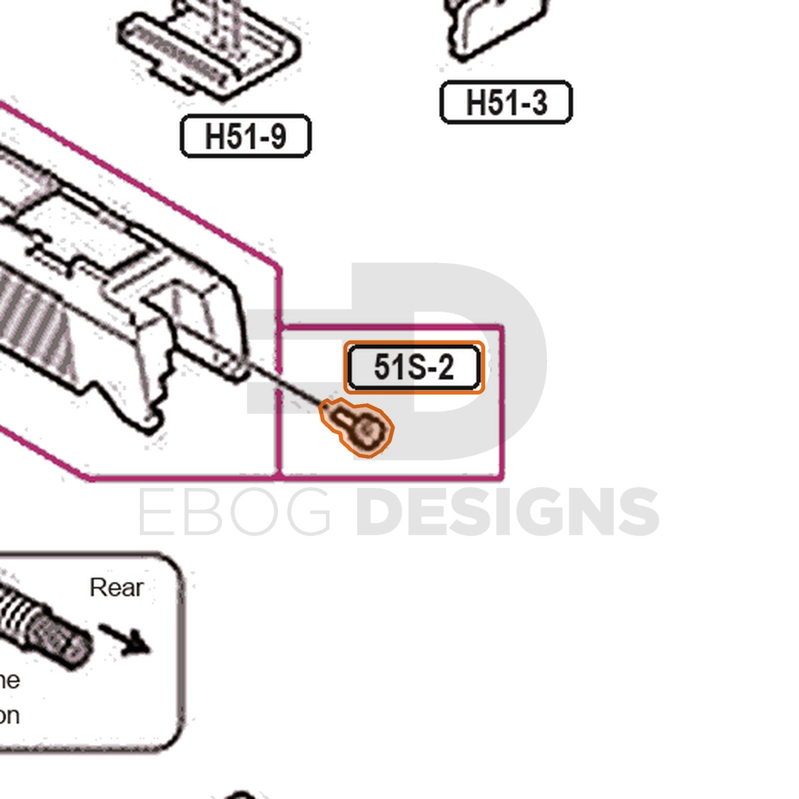 Tokyo Marui Hi-Capa 5.1 Stainless parts diagram with the BBU rear mounting screw, part 51S-2, outlined
