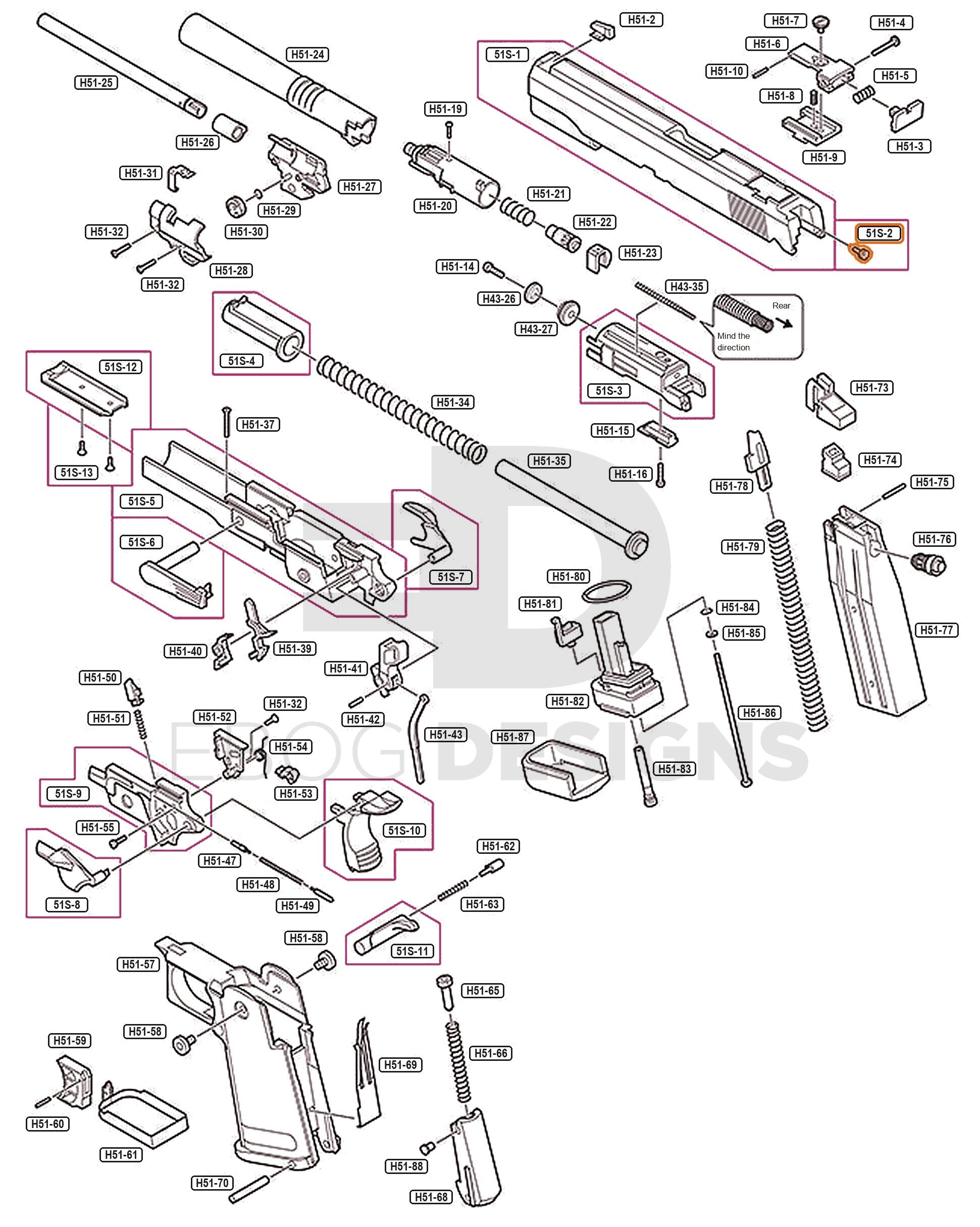Full Tokyo Marui Hi-Capa 5.1 Stainless parts diagram showing where the BBU rear mounting screw (part 51S-2) fits