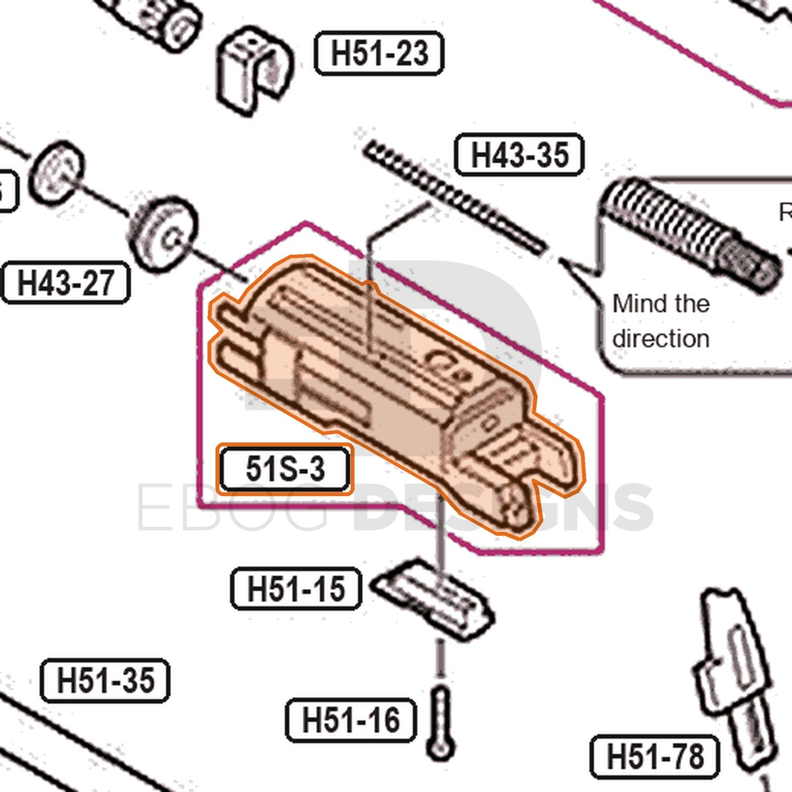 Tokyo Marui Hi-Capa 5.1 Stainless parts diagram with the blowback unit, part 51S-3, outlined
