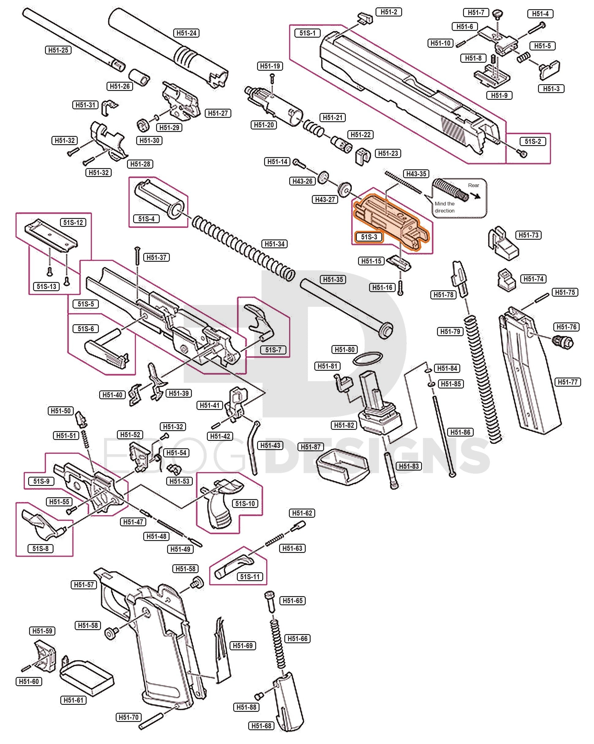 Full Tokyo Marui Hi-Capa 5.1 Stainless parts diagram showing where the blowback unit (part 51S-3) fits