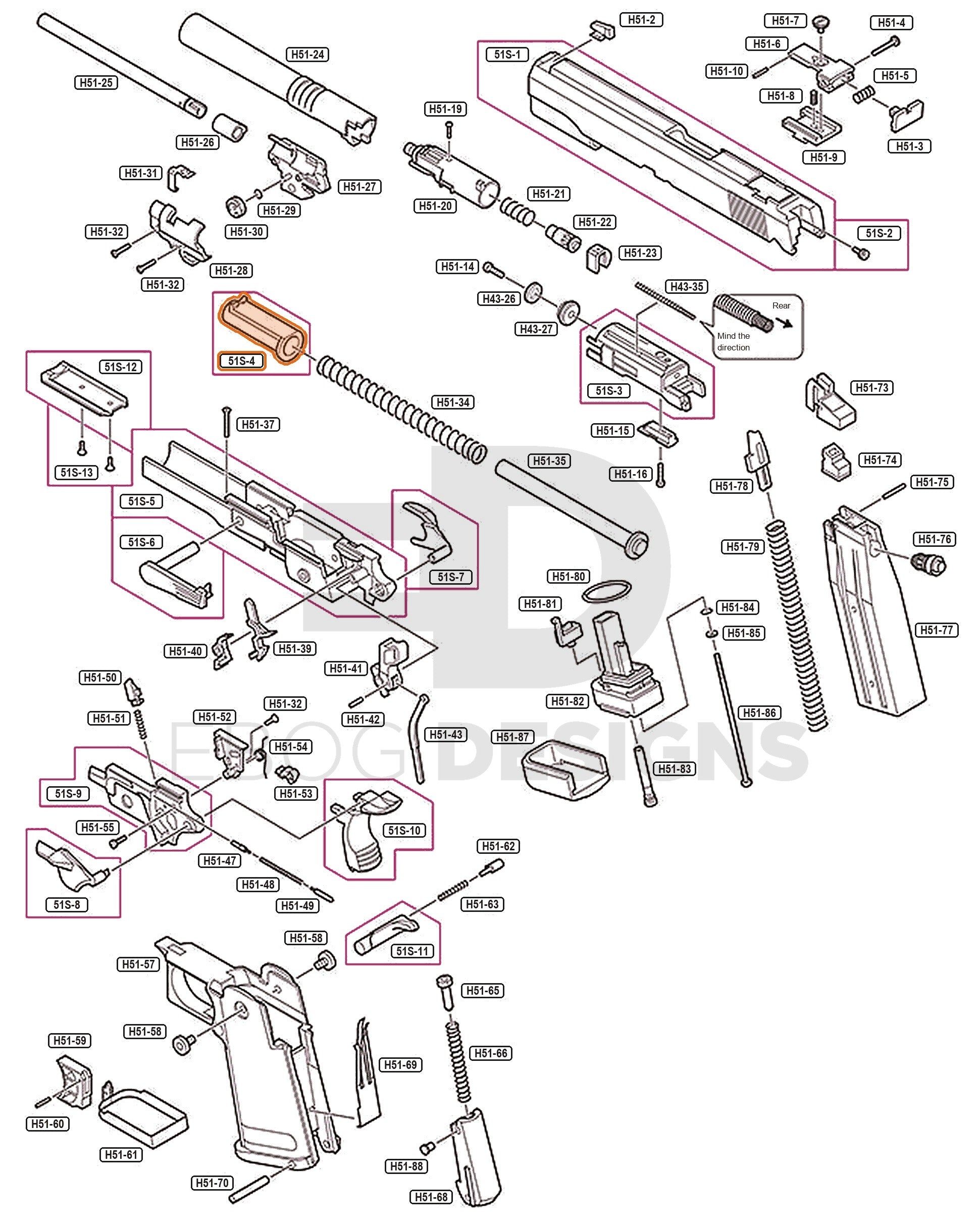 Full Tokyo Marui Hi-Capa 5.1 Stainless parts diagram showing where the recoil spring guide plug (part 51S-4) fits