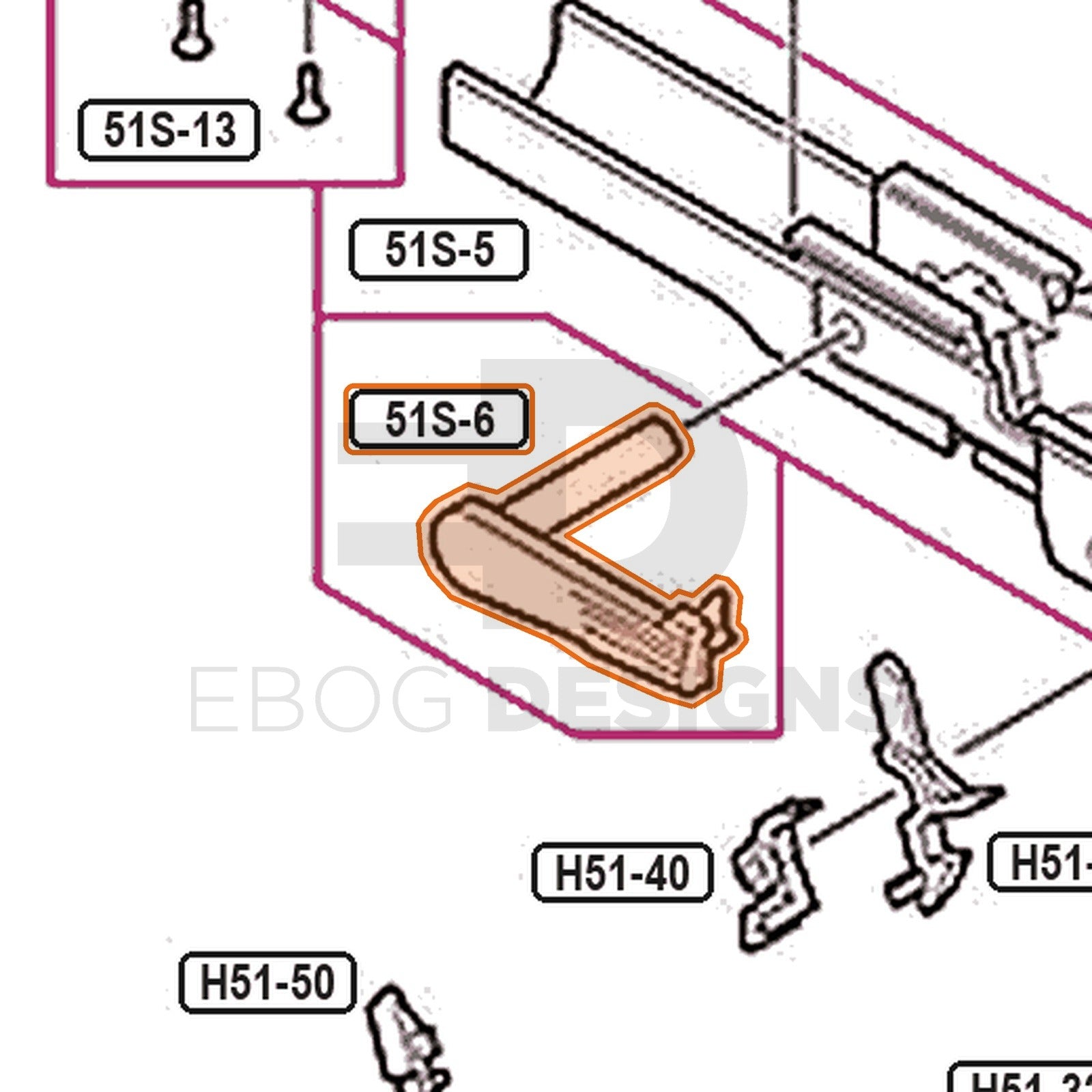 Tokyo Marui Hi-Capa 5.1 Stainless parts diagram with the slide stop lever, part 51S-6, outlined