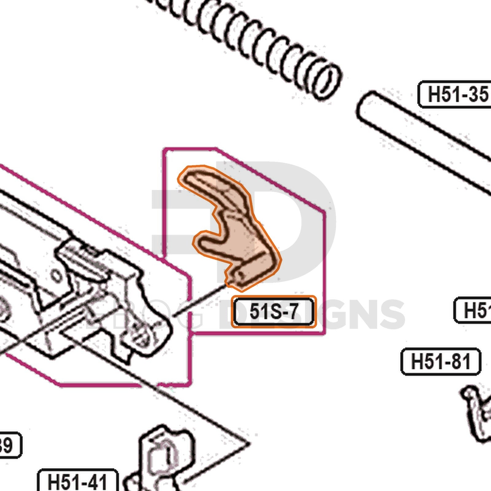 Tokyo Marui Hi-Capa 5.1 Stainless parts diagram with the right thumb safety, part 51S-7, outlined