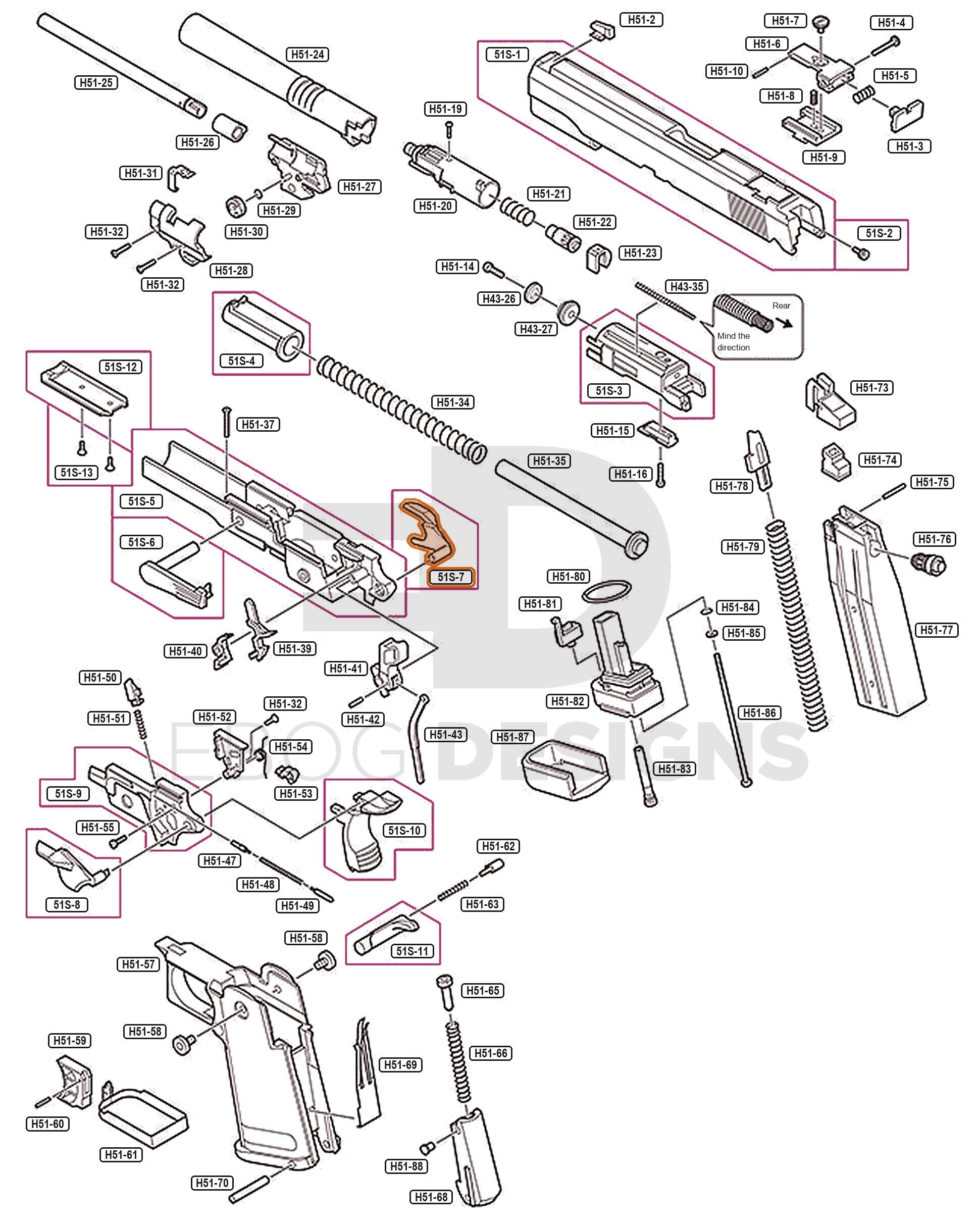 Full Tokyo Marui Hi-Capa 5.1 Stainless parts diagram showing where the right thumb safety (part 51S-7) fits