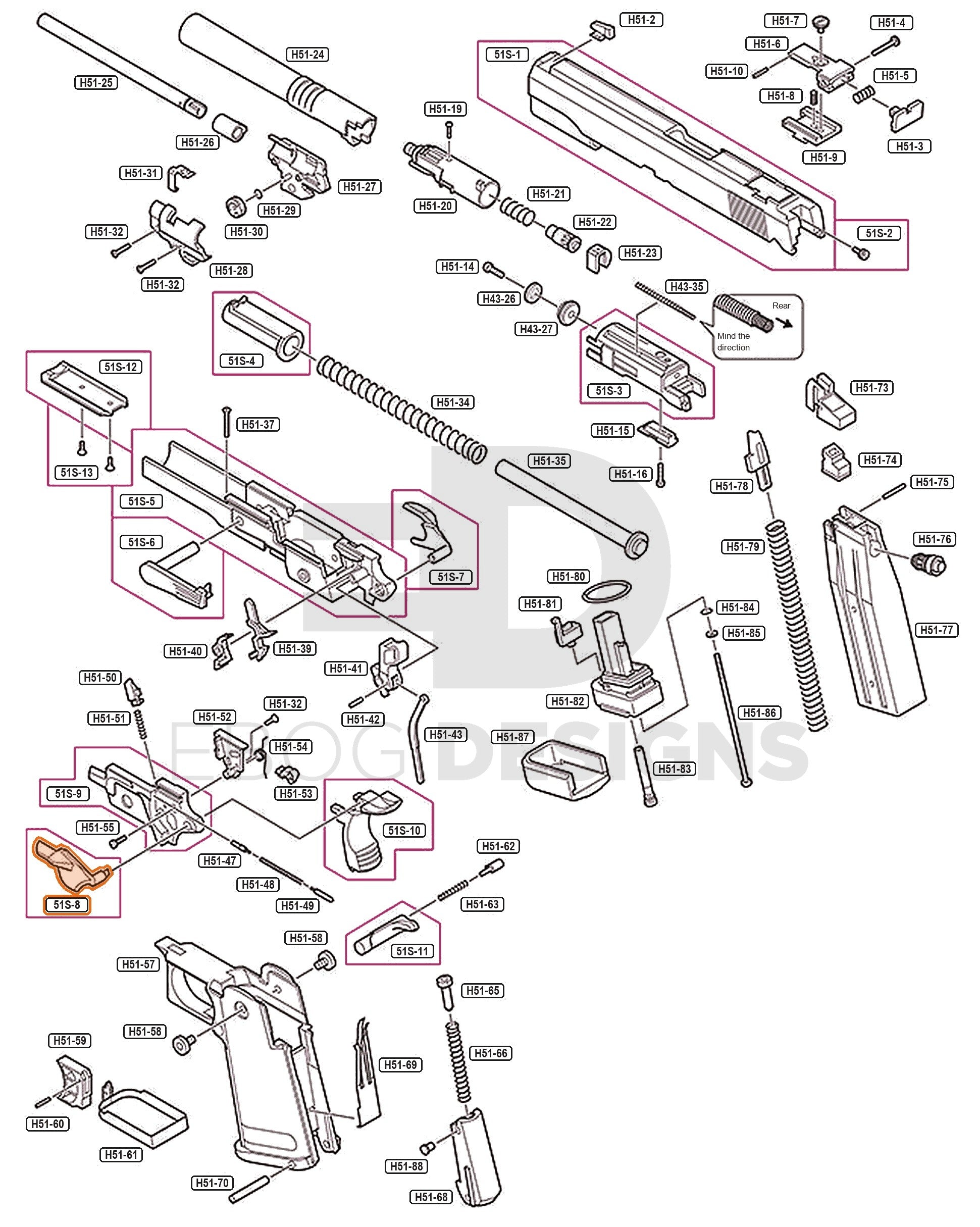 Full Tokyo Marui Hi-Capa 5.1 Stainless parts diagram showing where the left thumb safety (part 51S-8) fits