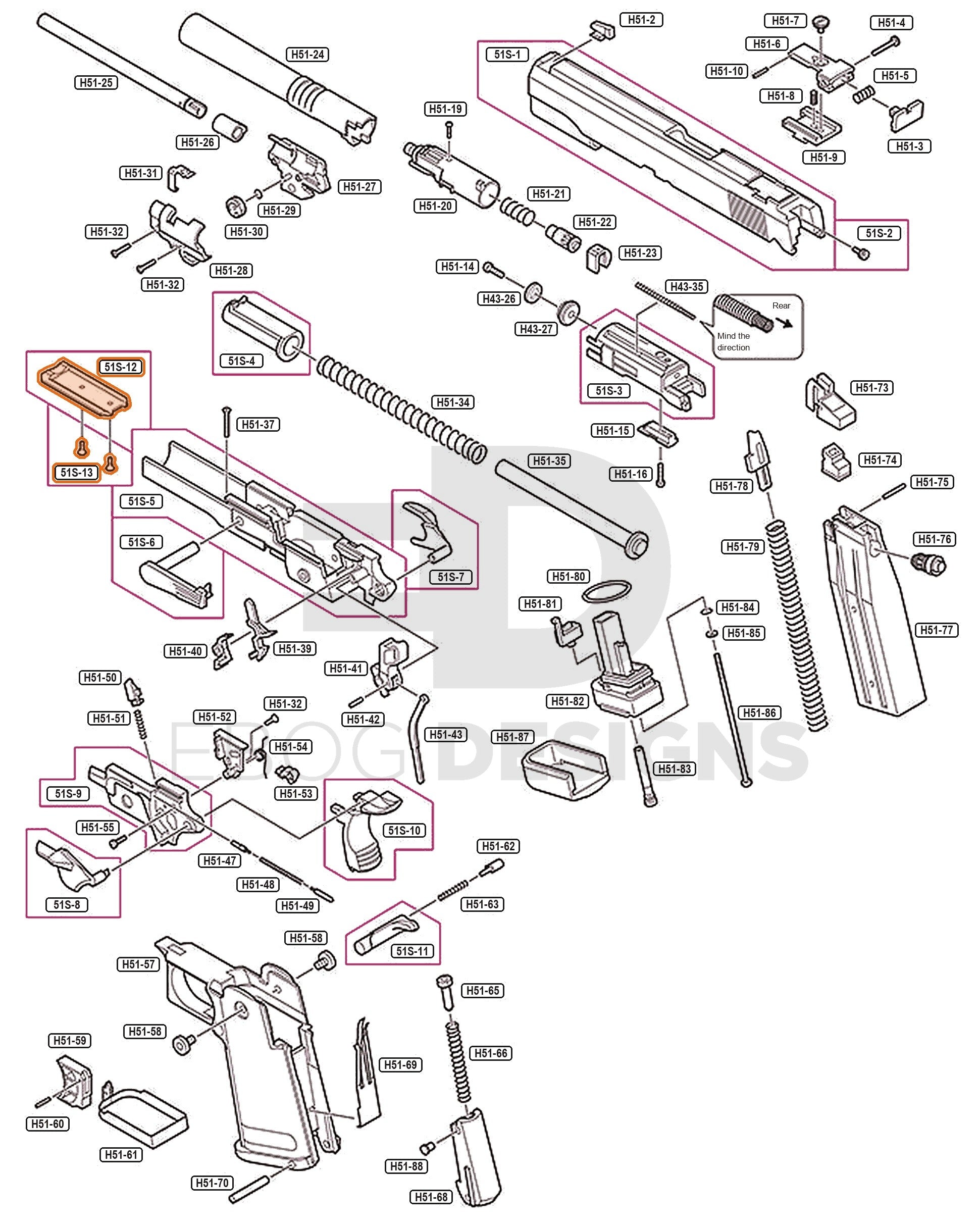 Full Tokyo Marui Hi-Capa 5.1 Stainless parts diagram showing where the frame rail and its screws (parts 51S-12 and 51S-13) fit