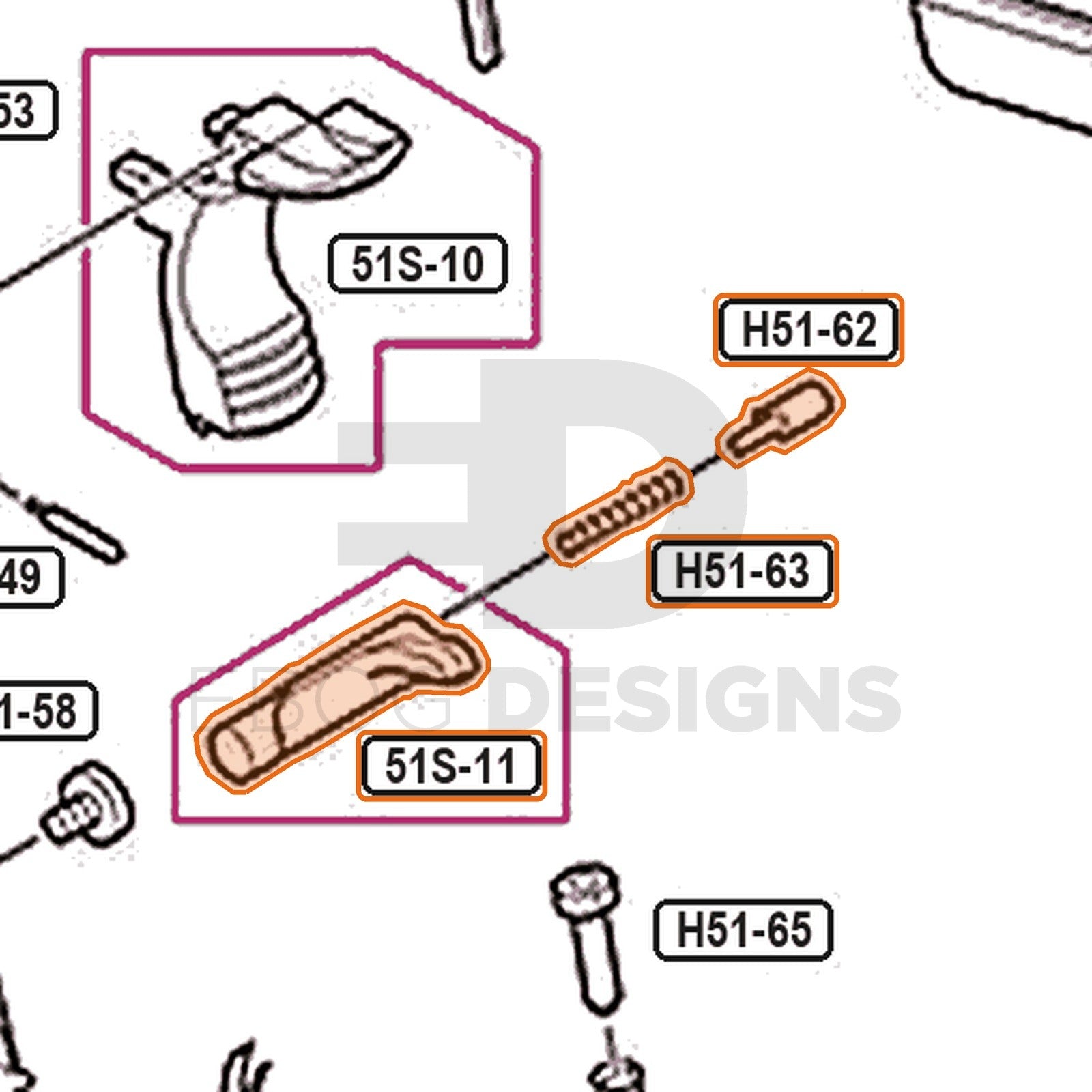 Tokyo Marui Hi-Capa 5.1 Stainless parts diagram with the magazine release, parts 51S-11, H51-62 and H51-63, outlined