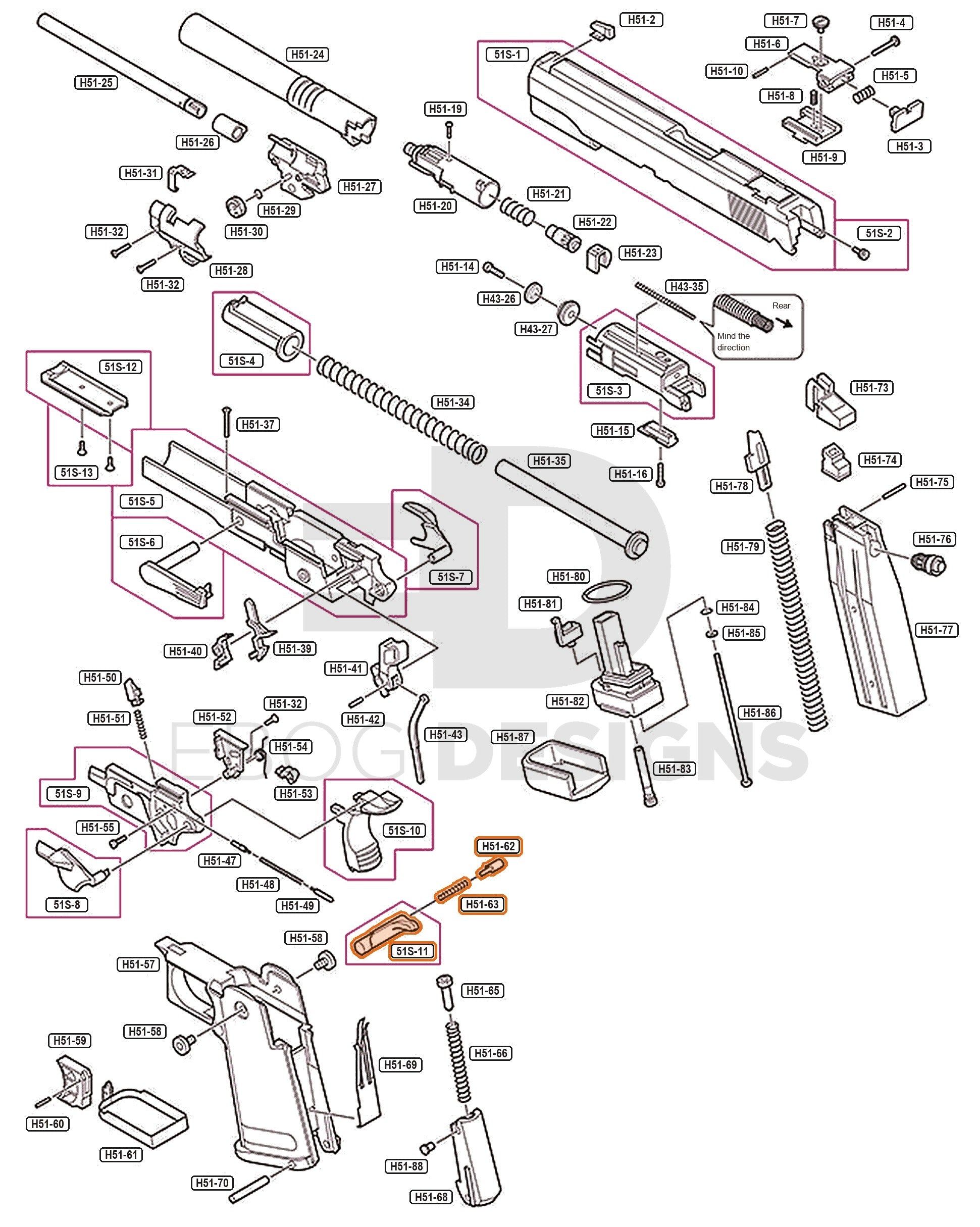 Full Tokyo Marui Hi-Capa 5.1 Stainless parts diagram showing where the magazine release (parts 51S-11, H51-62 and H51-63) fits