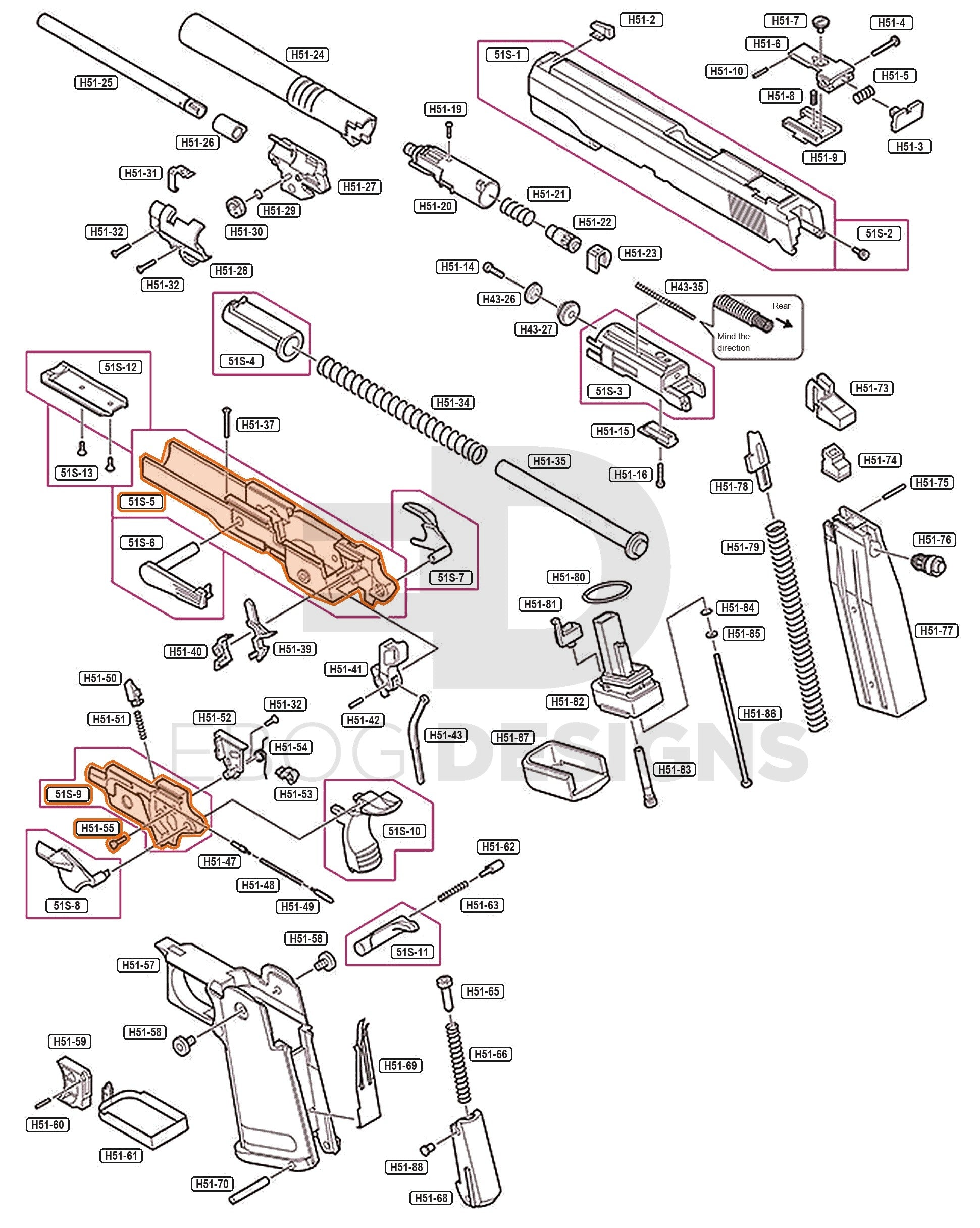 Full Tokyo Marui Hi-Capa 5.1 Stainless parts diagram showing where the upper frame set (parts 51S-5, 51S-9 and H51-55) fits