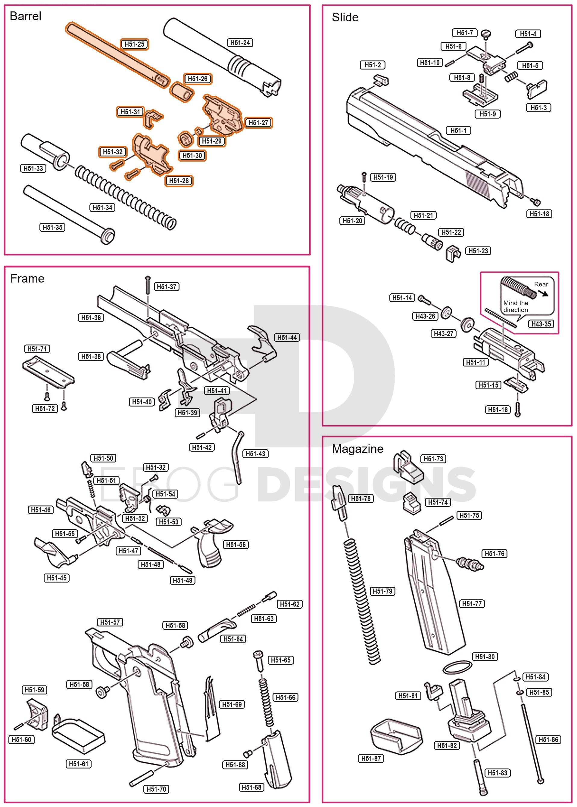 Full Tokyo Marui Hi-Capa 5.1 parts diagram showing where the 5.1 barrel and hop assembly (parts H51-25 to H51-32) fits