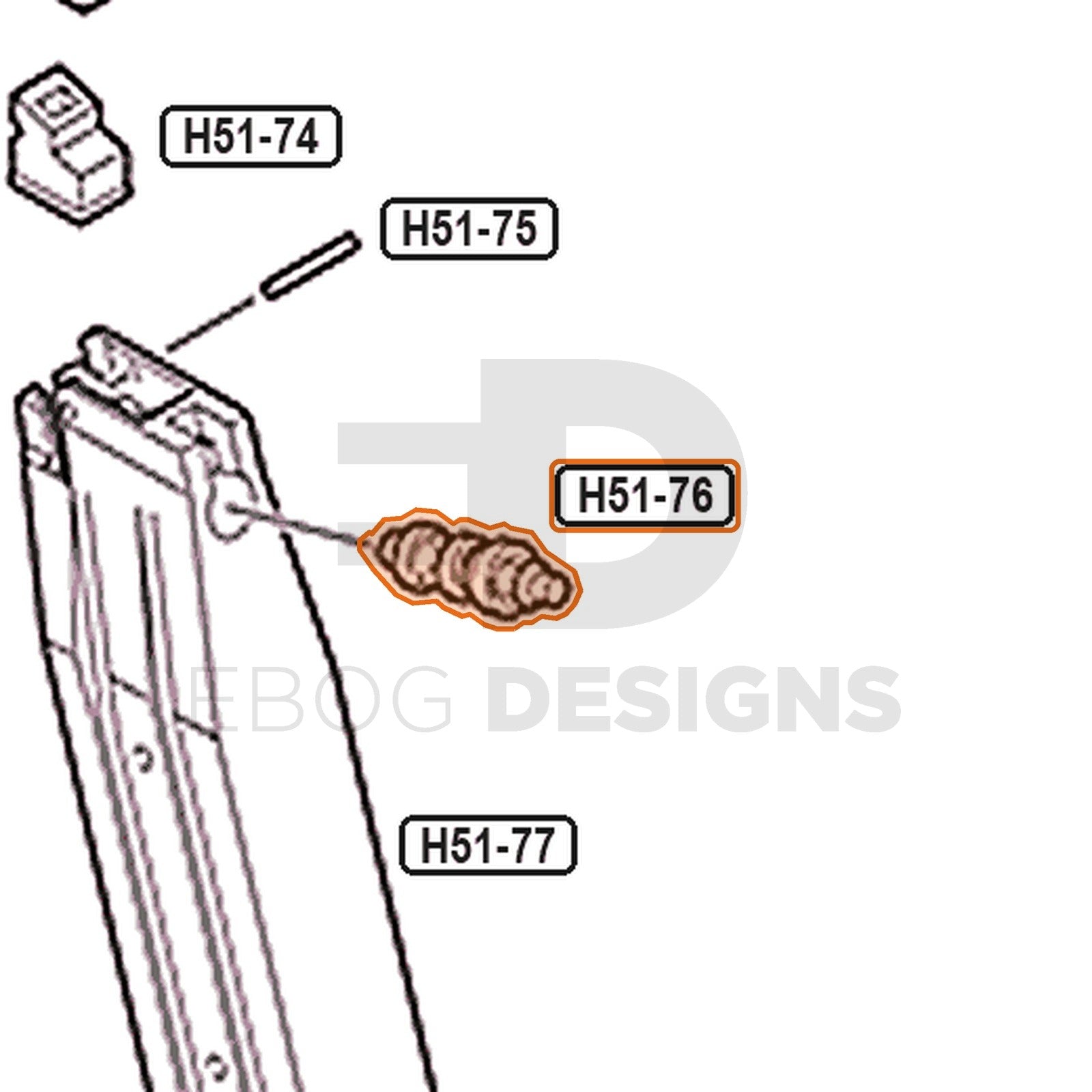 Tokyo Marui Hi-Capa 5.1 parts diagram with the magazine exhaust valve, part H51-76, outlined