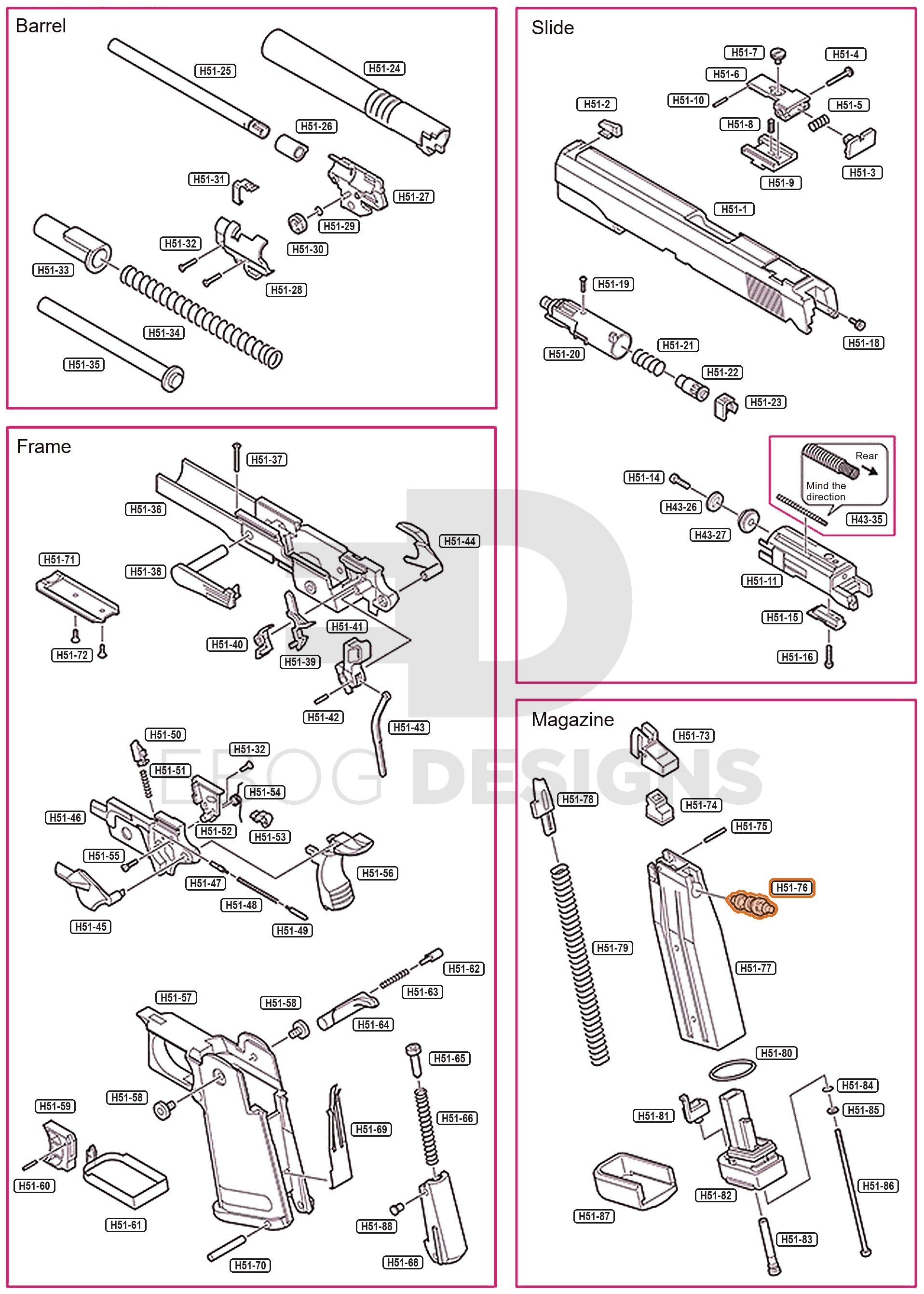 Full Tokyo Marui Hi-Capa 5.1 parts diagram showing where the magazine exhaust valve (part H51-76) fits