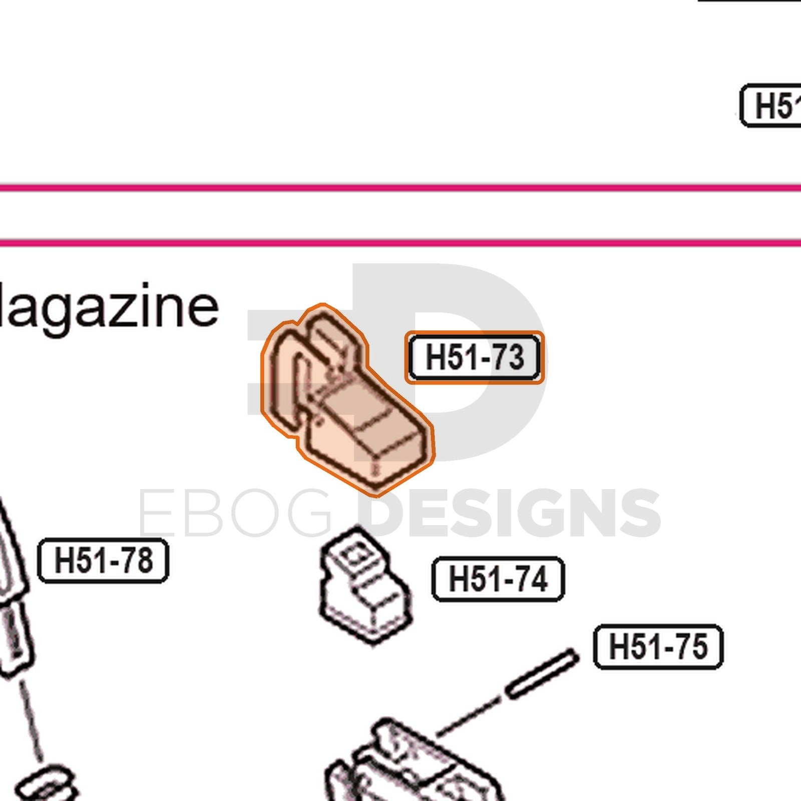 Tokyo Marui Hi-Capa 5.1 parts diagram with the magazine feed lips, part H51-73, outlined