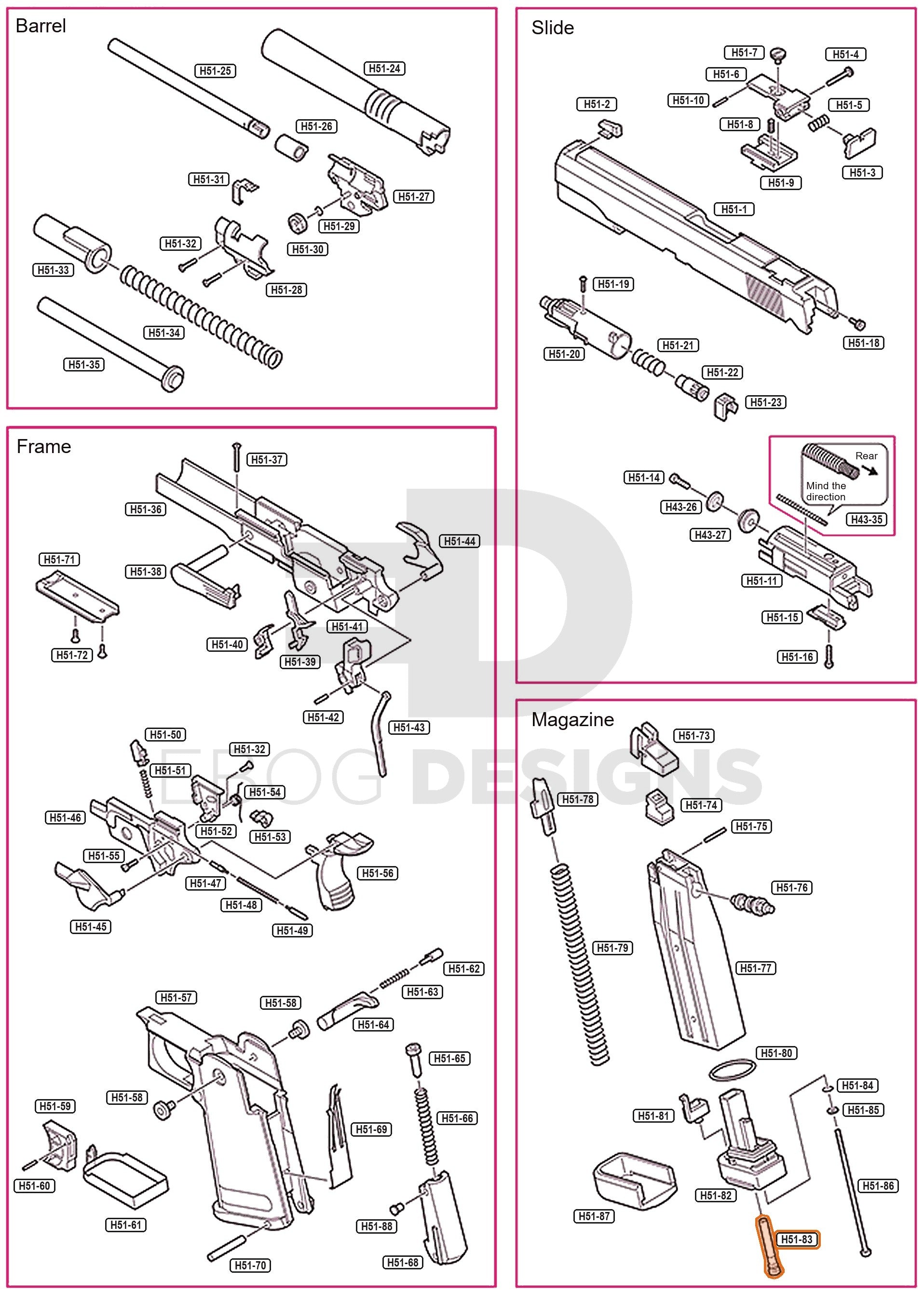 Full Tokyo Marui Hi-Capa 5.1 parts diagram showing where the magazine fill valve (part H51-83) fits