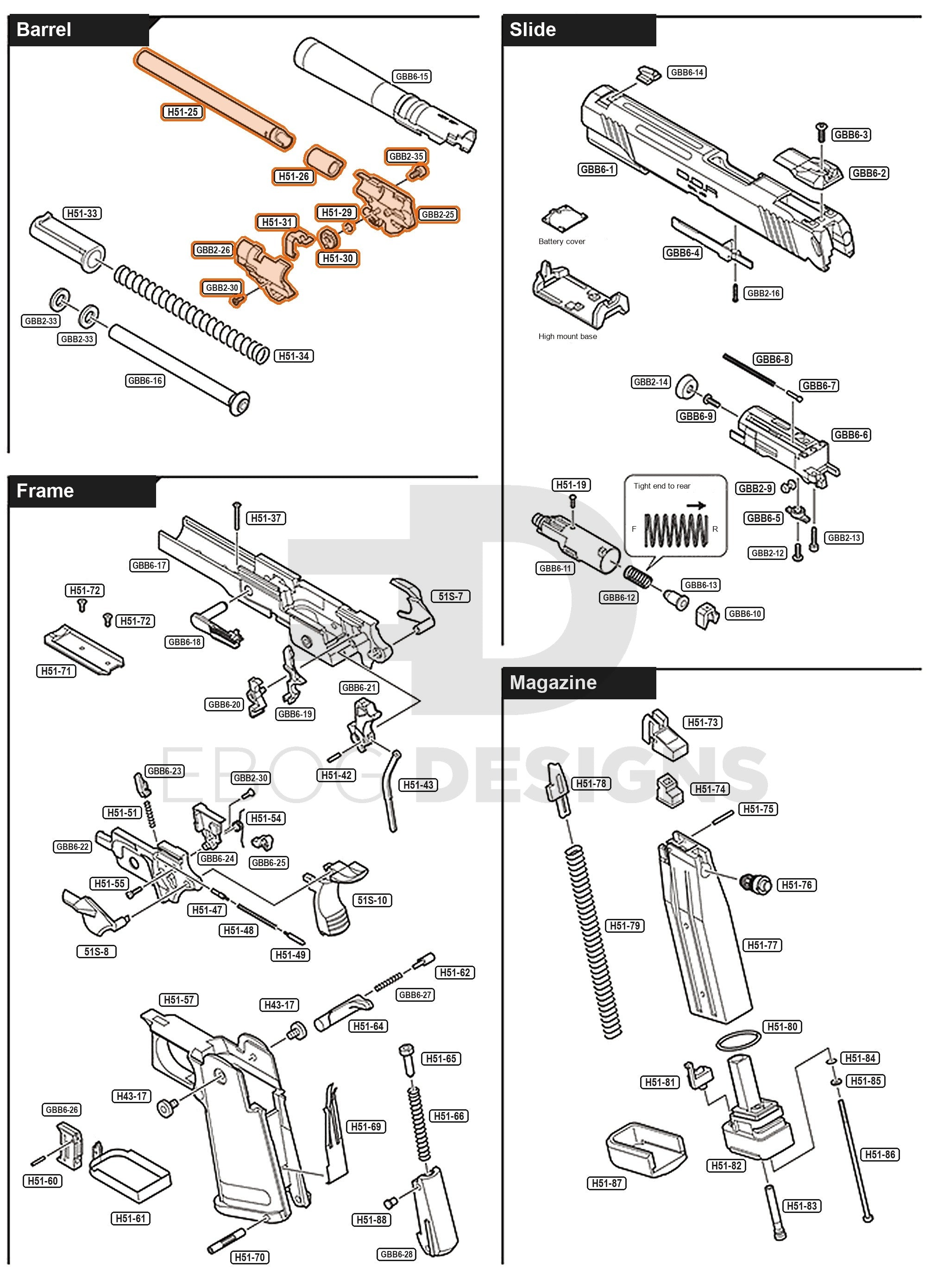 Full Tokyo Marui Hi-Capa D.O.R parts diagram showing where the barrel and hop assembly (parts GBB2-25, GBB2-26, GBB2-30, GBB2-35, H51-25, H51-26, H51-29, H51-30 and H51-31) fits