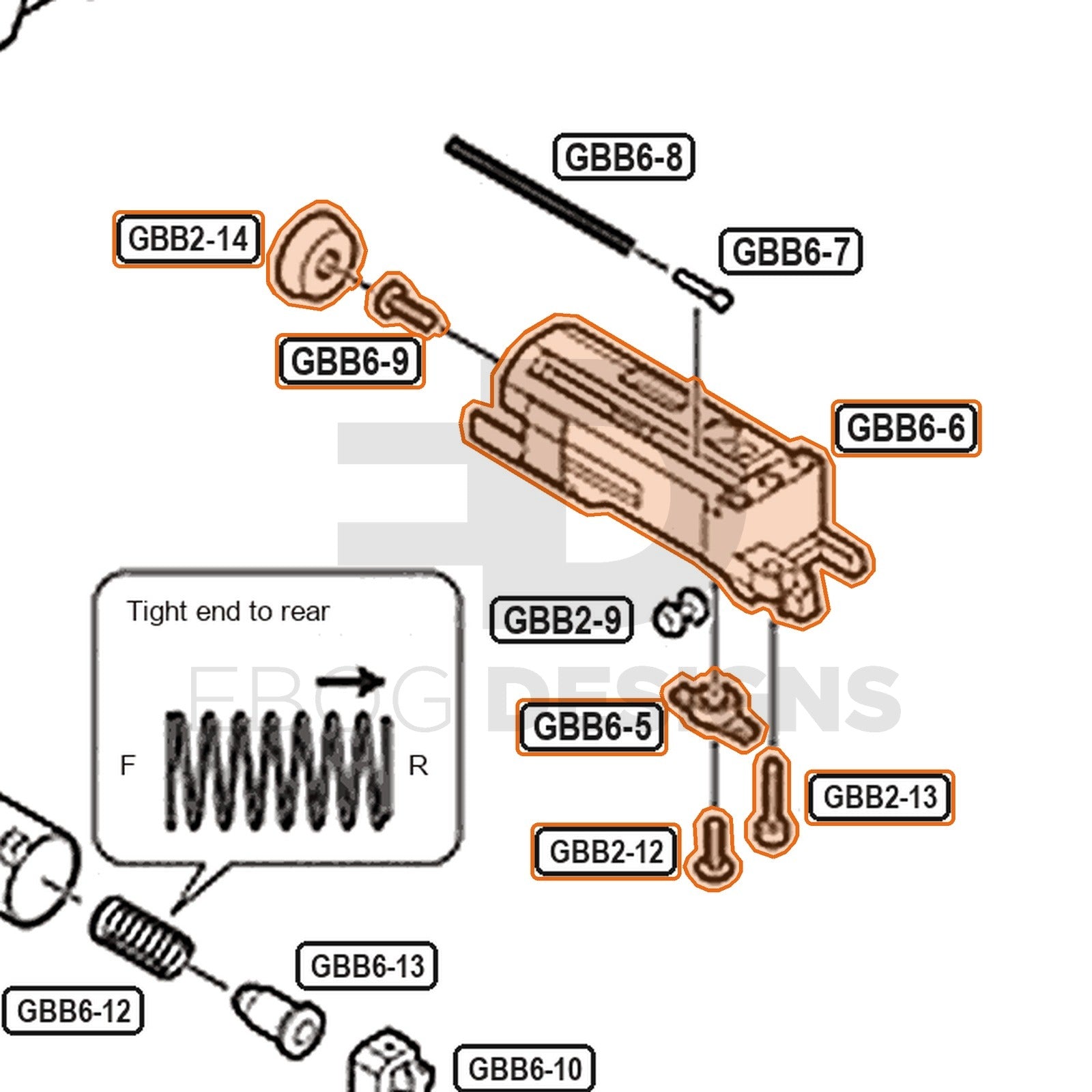 Tokyo Marui Hi-Capa D.O.R parts diagram with the blowback unit set with piston cup, parts GBB6-5, GBB6-6, GBB6-9, GBB2-12, GBB2-13 and GBB2-14, outlined