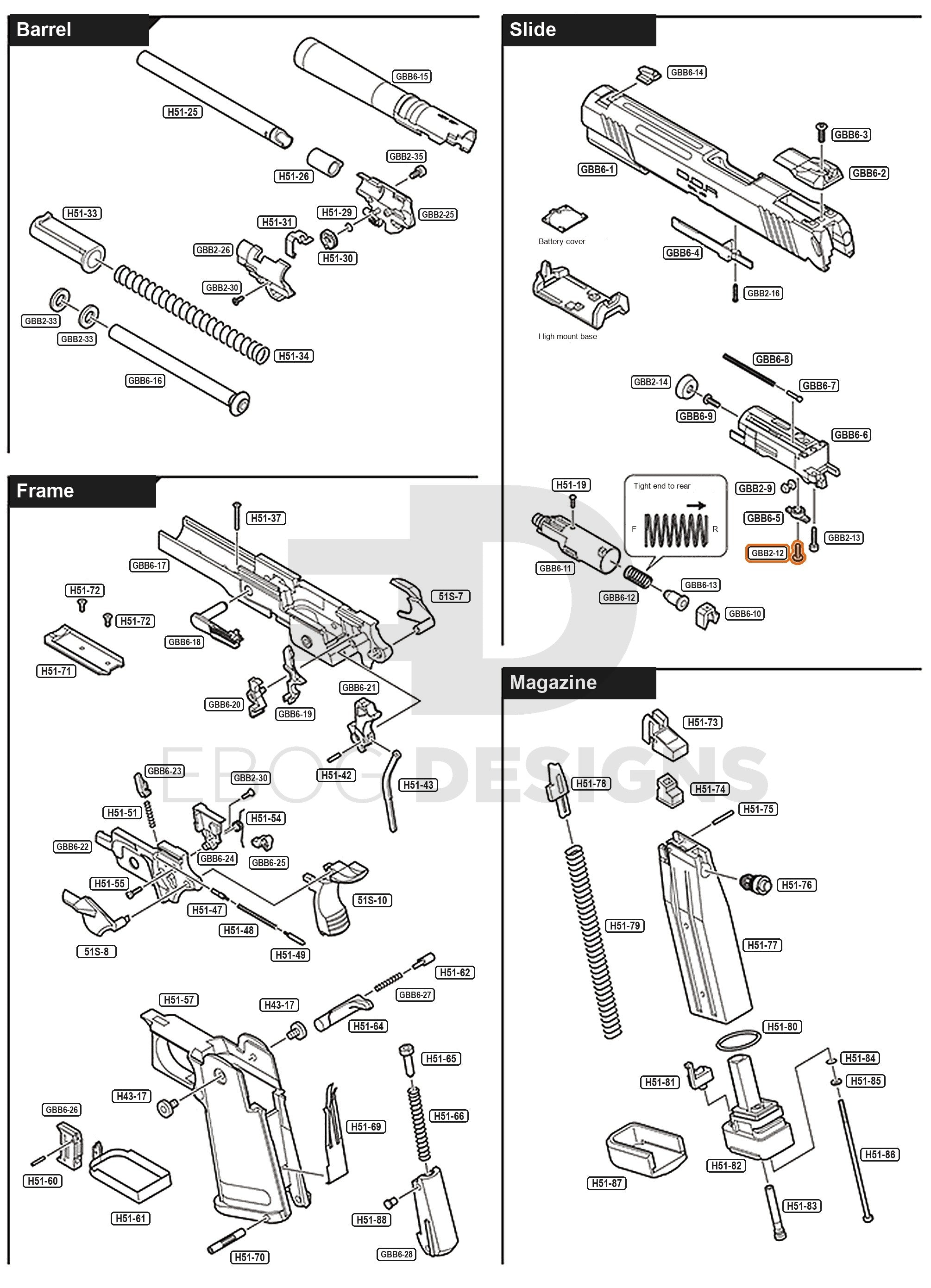 Full Tokyo Marui Hi-Capa D.O.R parts diagram showing where the piston part screw (part GBB2-12) fits