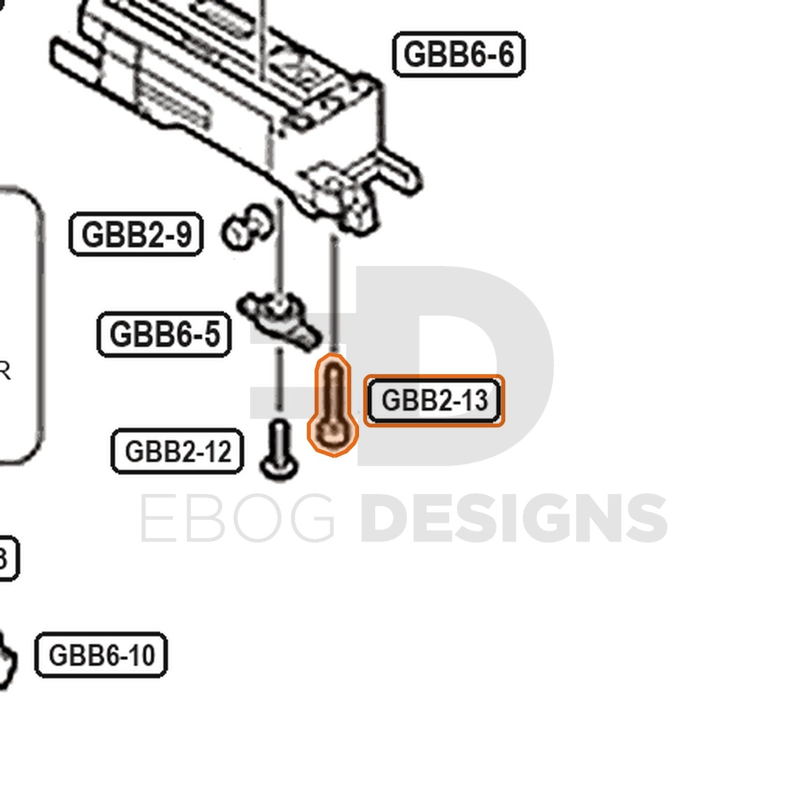 Tokyo Marui Hi-Capa D.O.R parts diagram with the blowback unit rear mounting screw, part GBB2-13, outlined