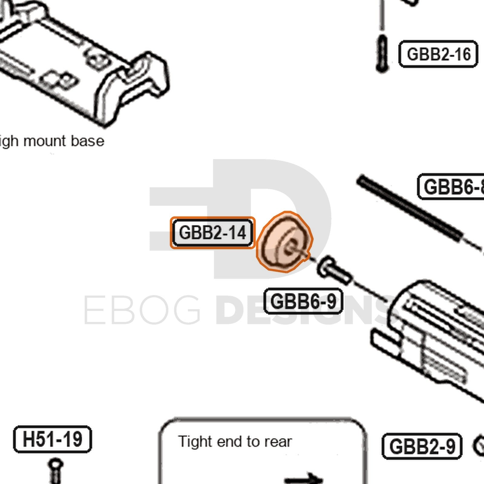 Tokyo Marui Hi-Capa D.O.R parts diagram with the piston cup, part GBB2-14, outlined