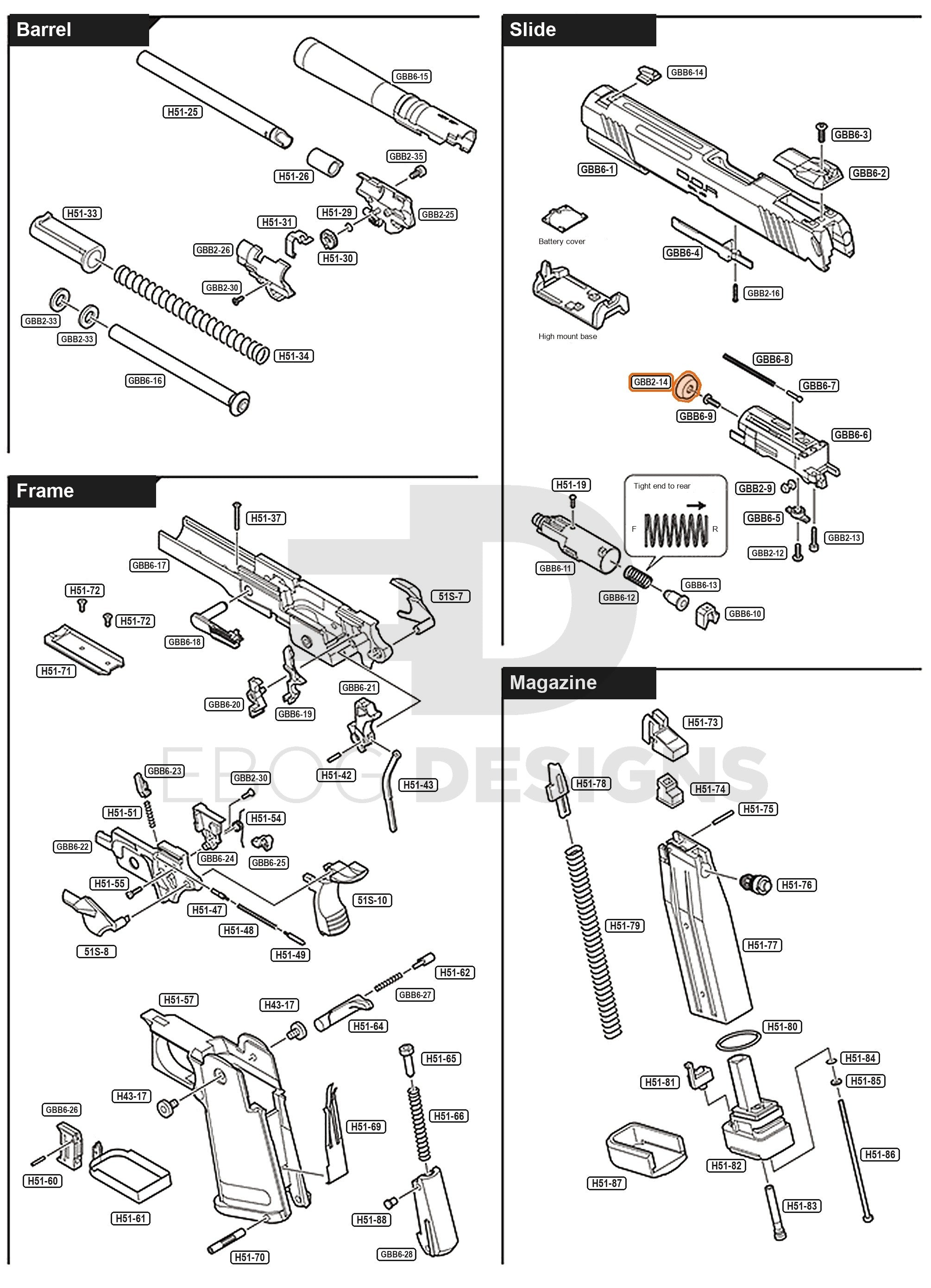 Full Tokyo Marui Hi-Capa D.O.R parts diagram showing where the piston cup (part GBB2-14) fits