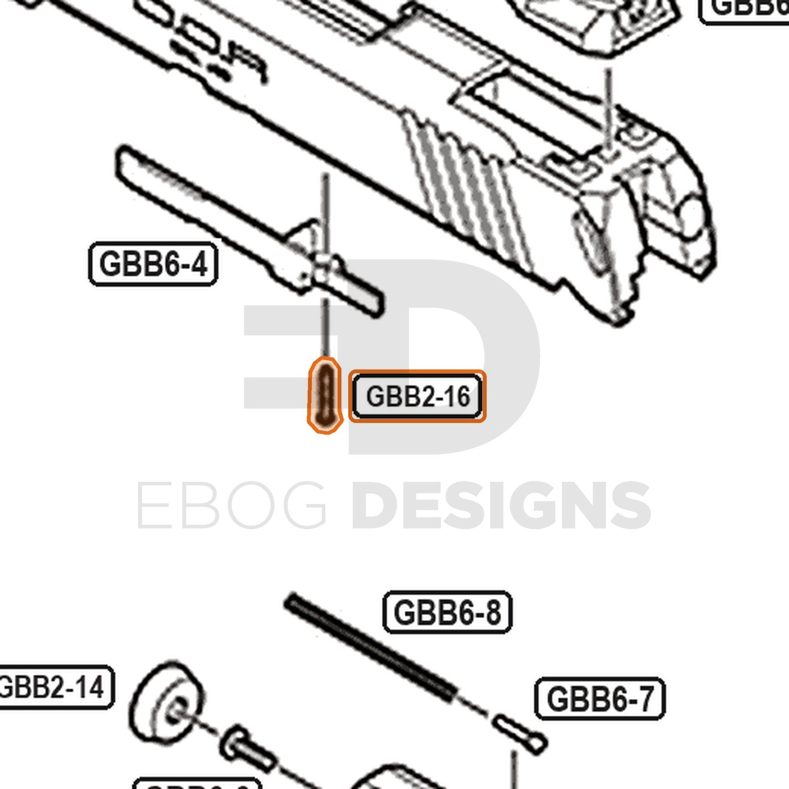 Tokyo Marui Hi-Capa D.O.R parts diagram with the slide rail screw, part GBB2-16, outlined