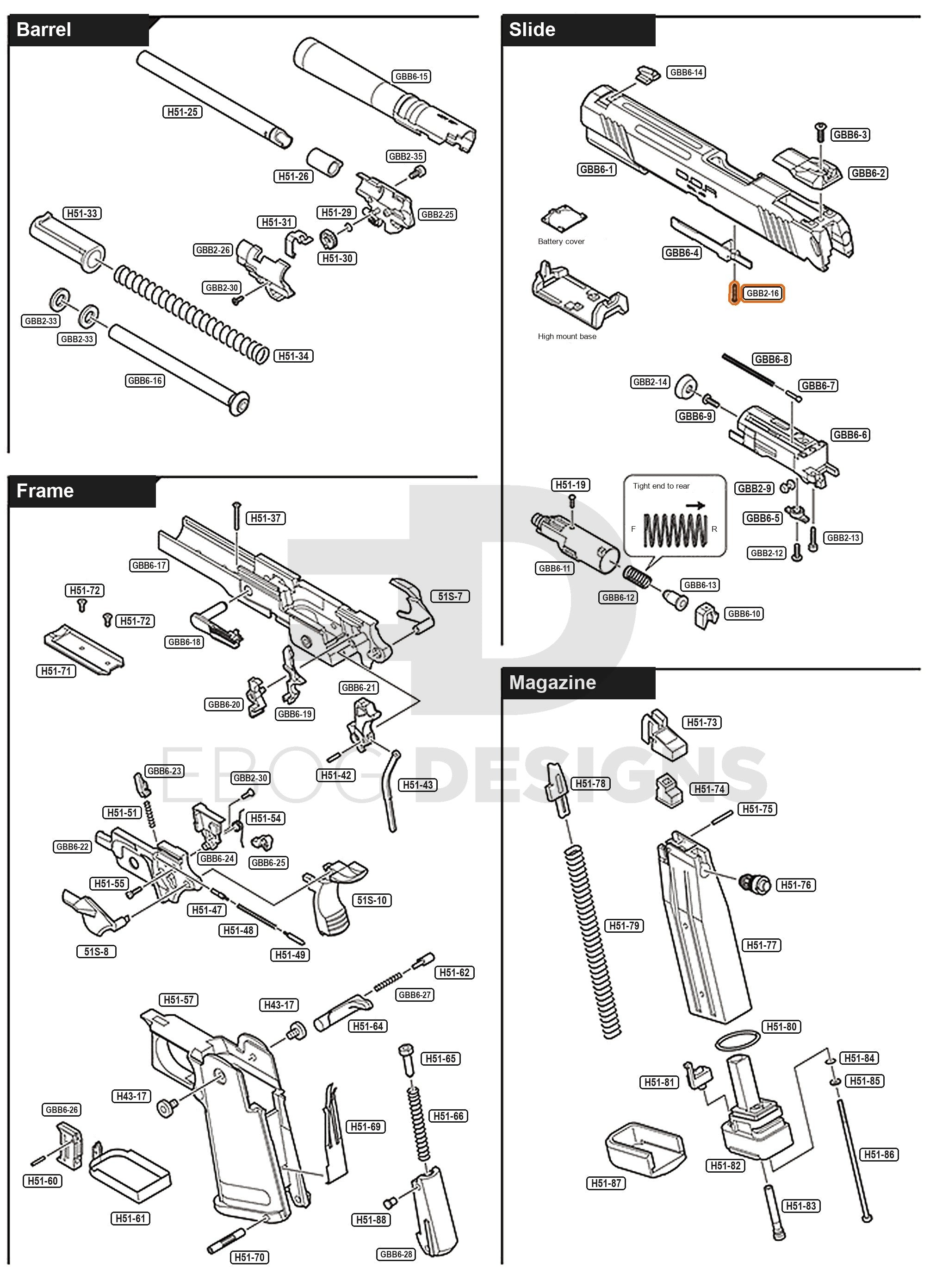 Full Tokyo Marui Hi-Capa D.O.R parts diagram showing where the slide rail screw (part GBB2-16) fits