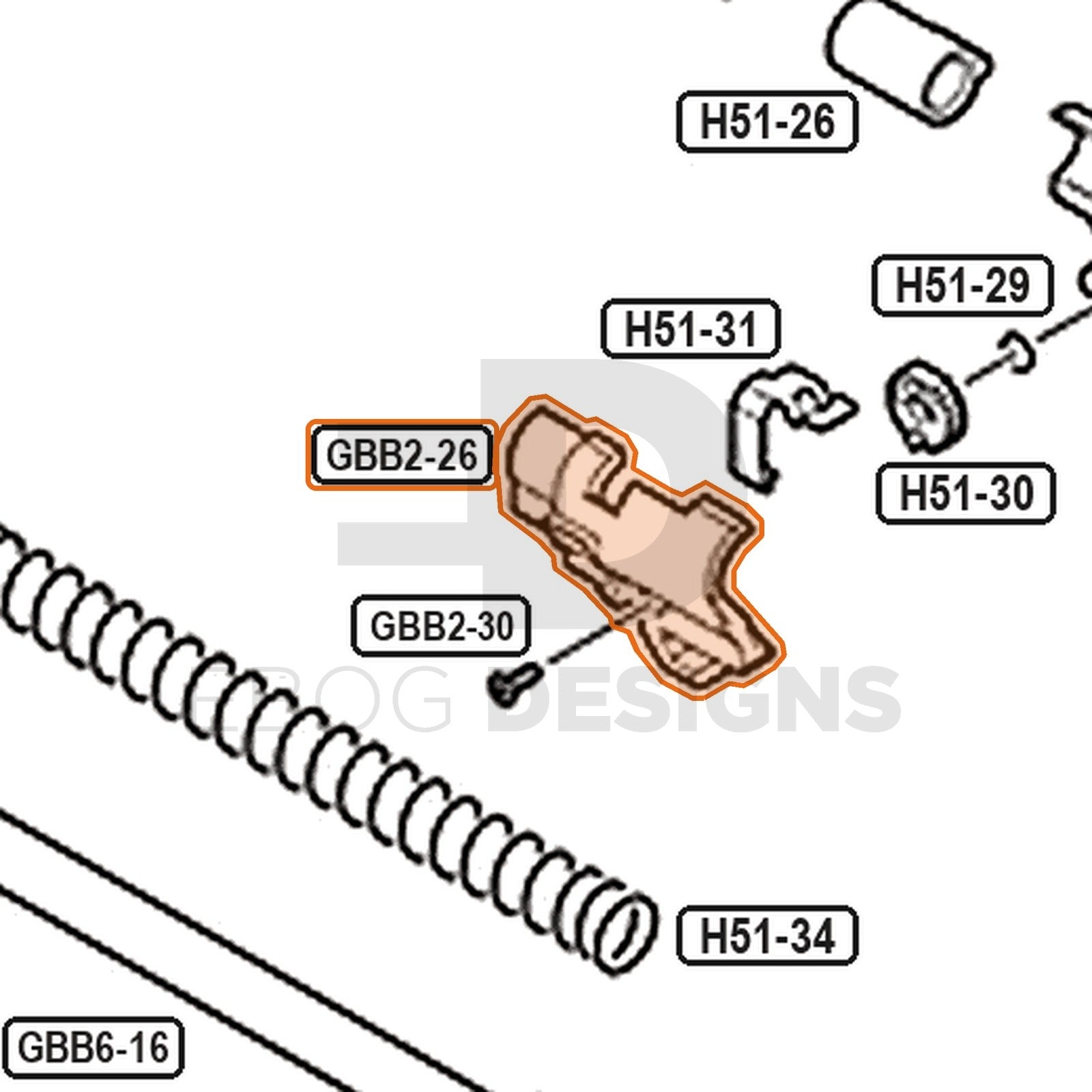 Tokyo Marui Hi-Capa D.O.R parts diagram with the left hop chamber cover, part GBB2-26, outlined